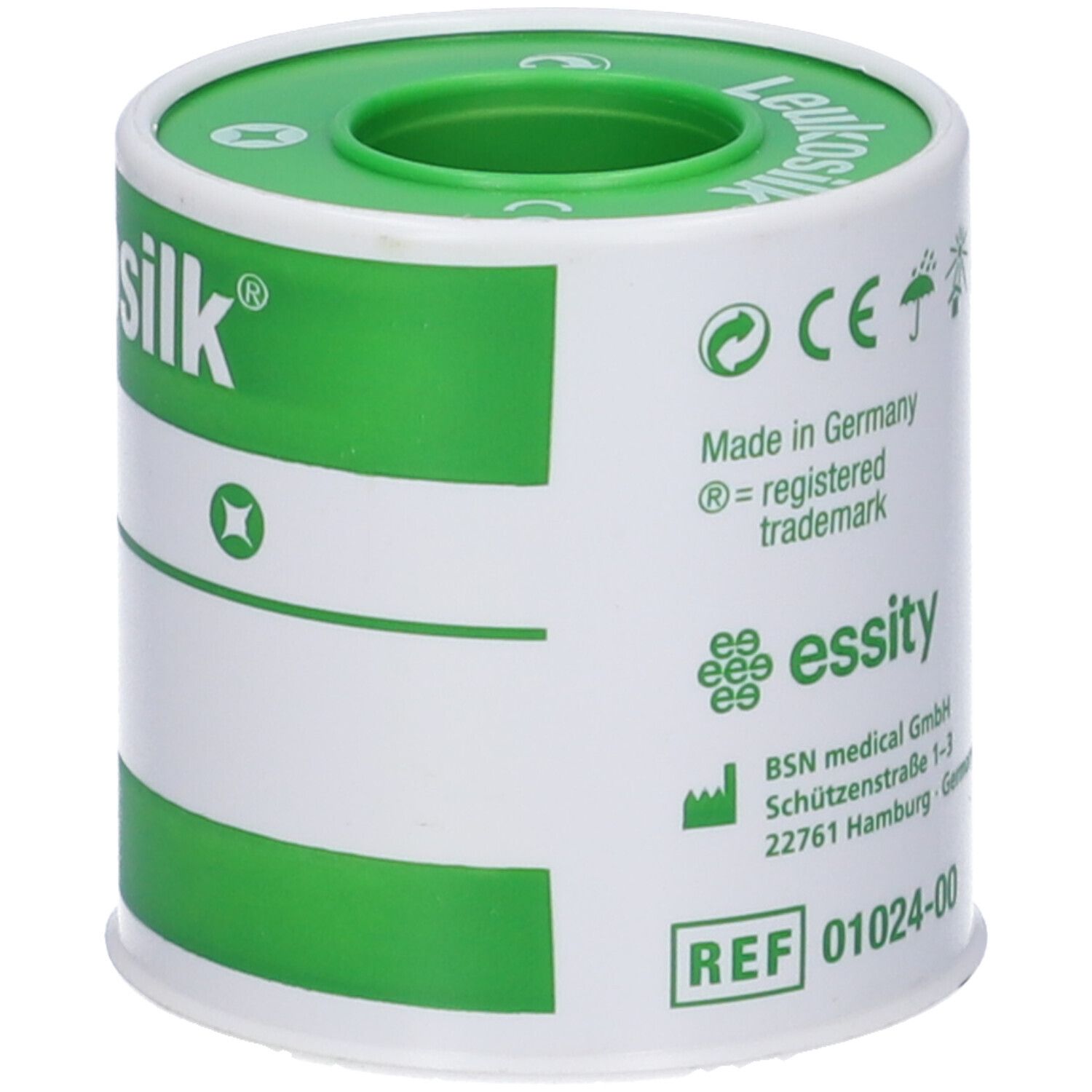 Rotolo Leukosilk, 5 cm x 5 m. Bianco, verde. Scritta essity, marchio CE.