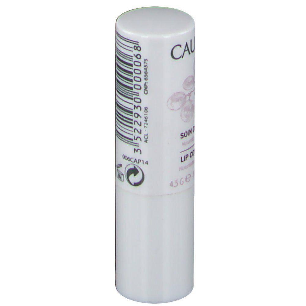 Stick per labbra bianco con codice a barre e testo. Sullo stick è presente il marchio "CAUDALIE" e "SOIN DES LEVRES LIP CONDITIONER".