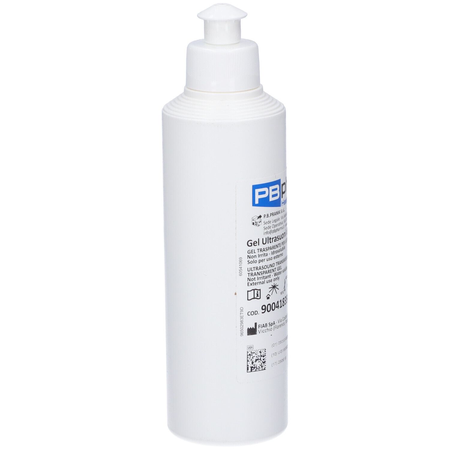 Flacone bianco con dosatore. Scritta: PB pharma Healthcare Solutions. Gel Ultrasuoni da 260 ml. Gel di trasmissione.