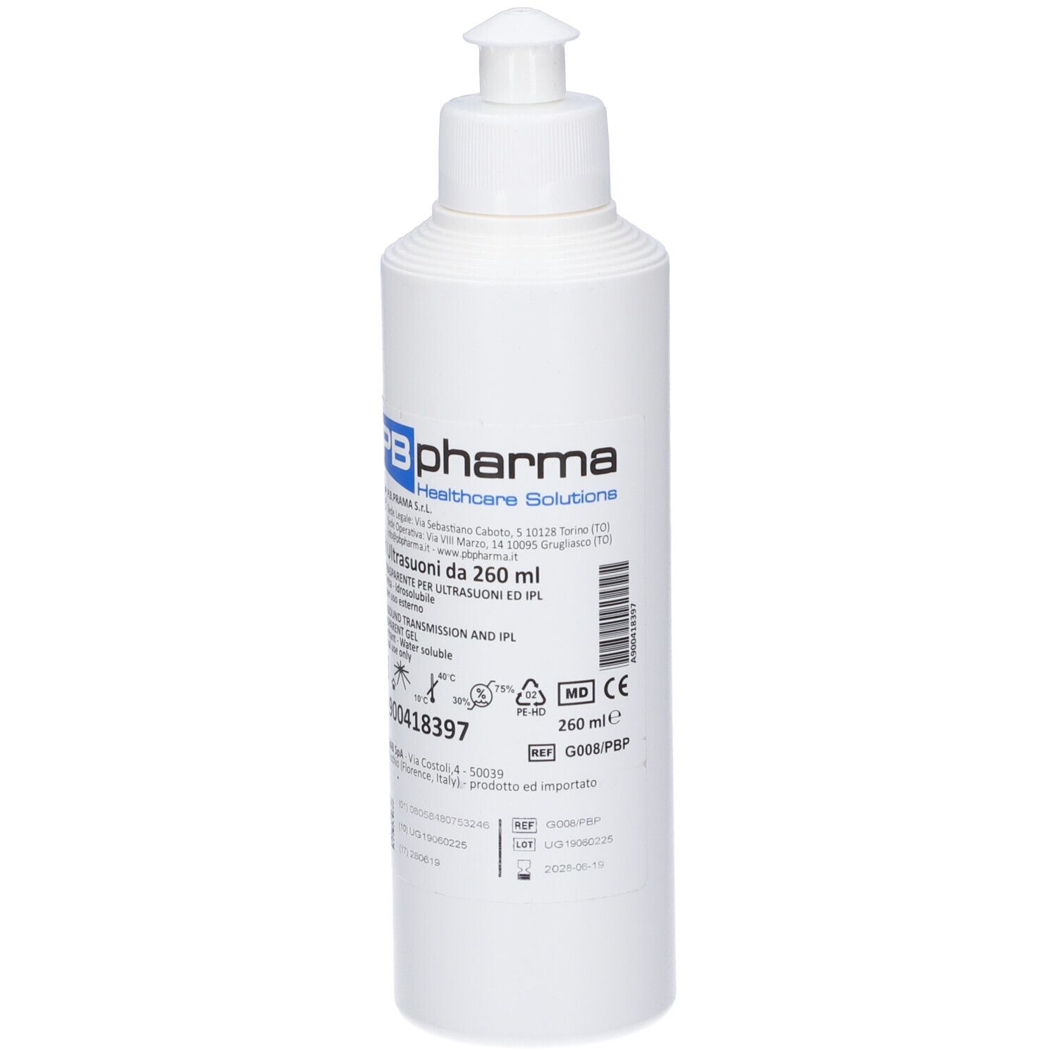 Flacone bianco con dosatore. Scritta: PB pharma Healthcare Solutions. Gel Ultrasuoni da 260 ml. Gel di trasmissione.
