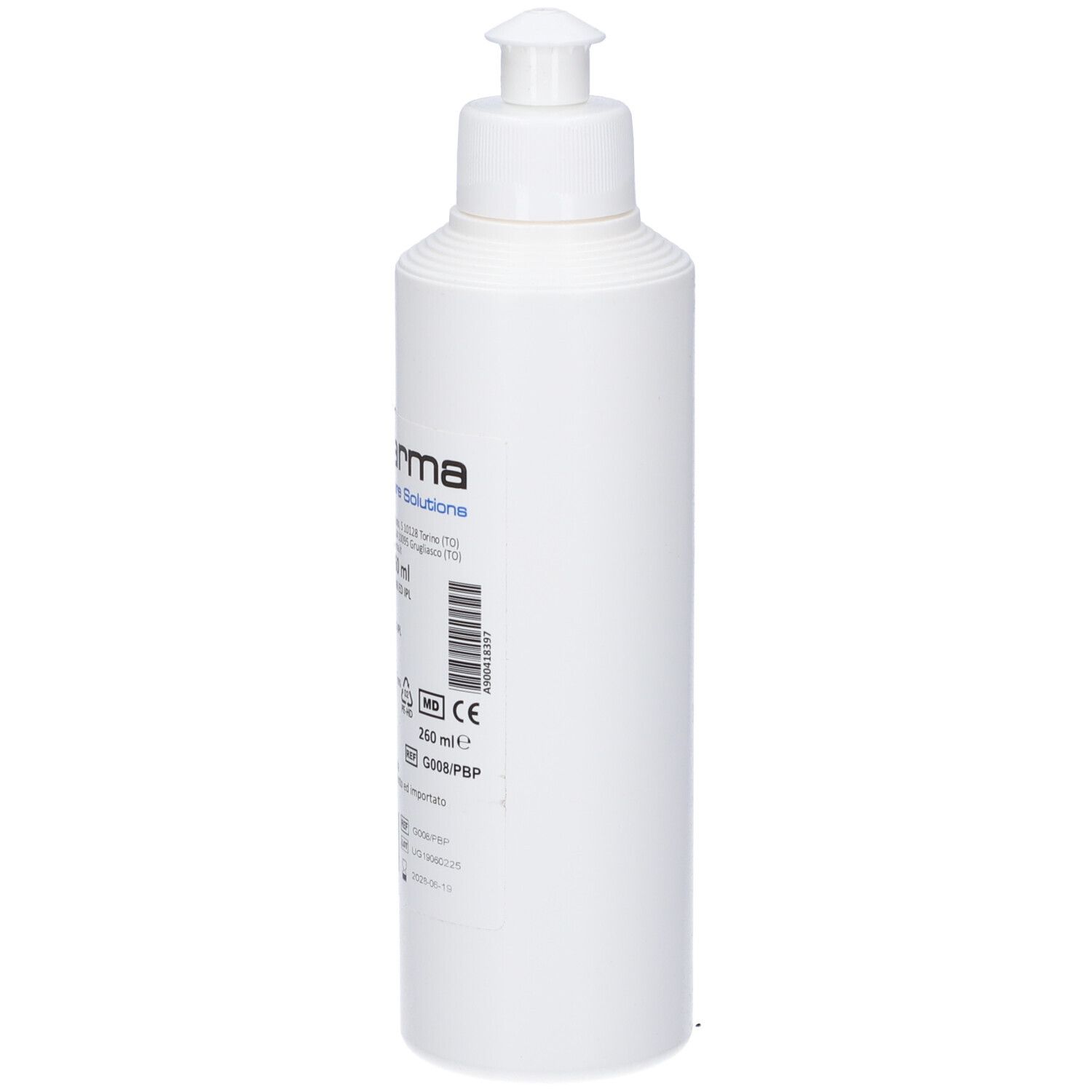 Flacone bianco con dosatore. Scritta: PB pharma Healthcare Solutions. Gel Ultrasuoni da 260 ml. Gel di trasmissione.