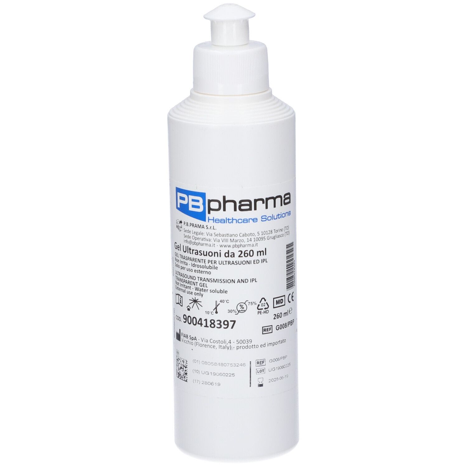 Flacone bianco con dosatore. Scritta: PB pharma Healthcare Solutions. Gel Ultrasuoni da 260 ml. Gel di trasmissione.