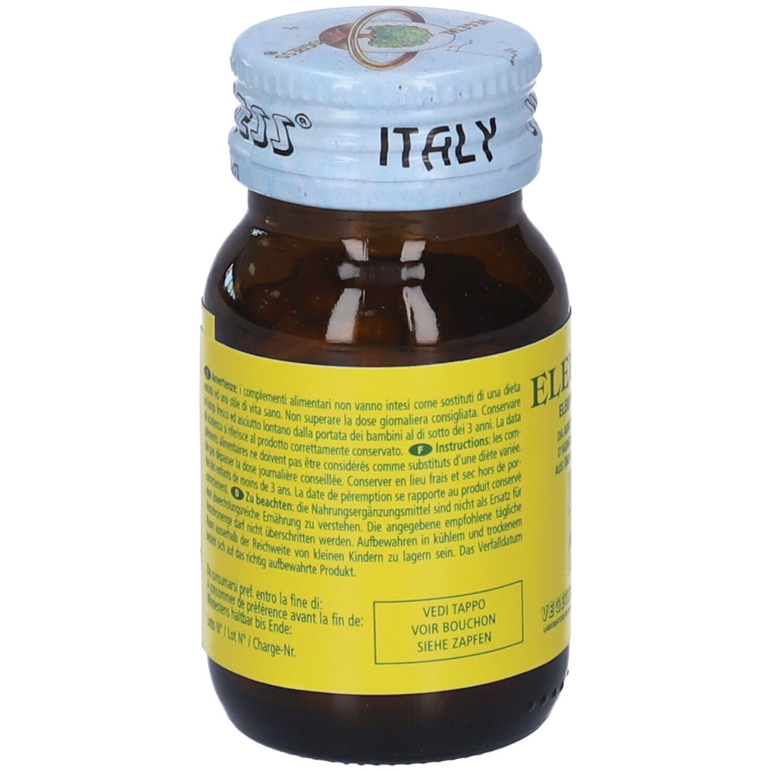 Flacone di vetro marrone con tappo blu. Scritta: Eleutrin, Eleutherococcus. Etichetta gialla con testo. Stampa Italia sul tappo.
