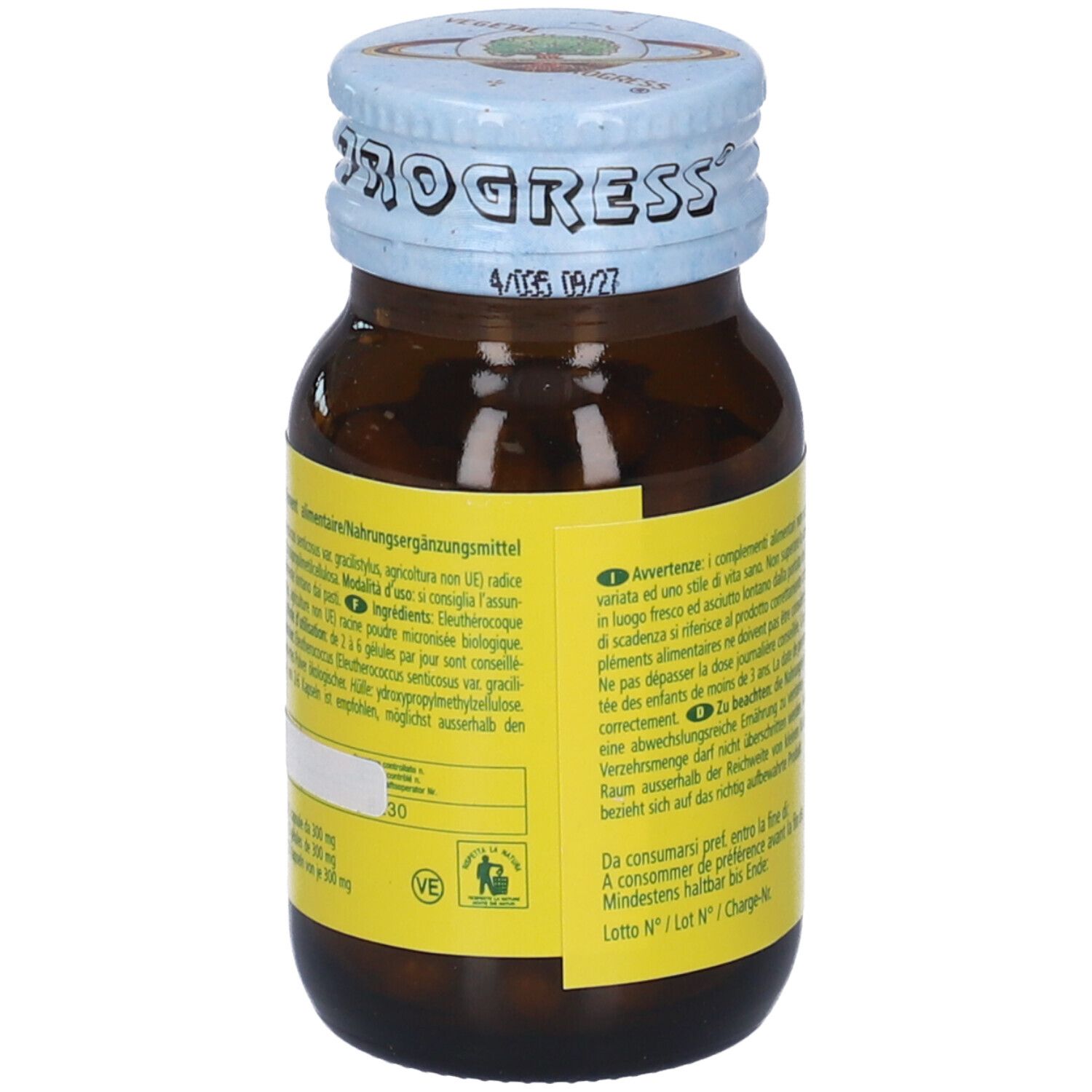 Flacone di vetro marrone con tappo blu. Scritta: Eleutrin, Eleutherococcus. Etichetta gialla con testo. Stampa: 09/27.