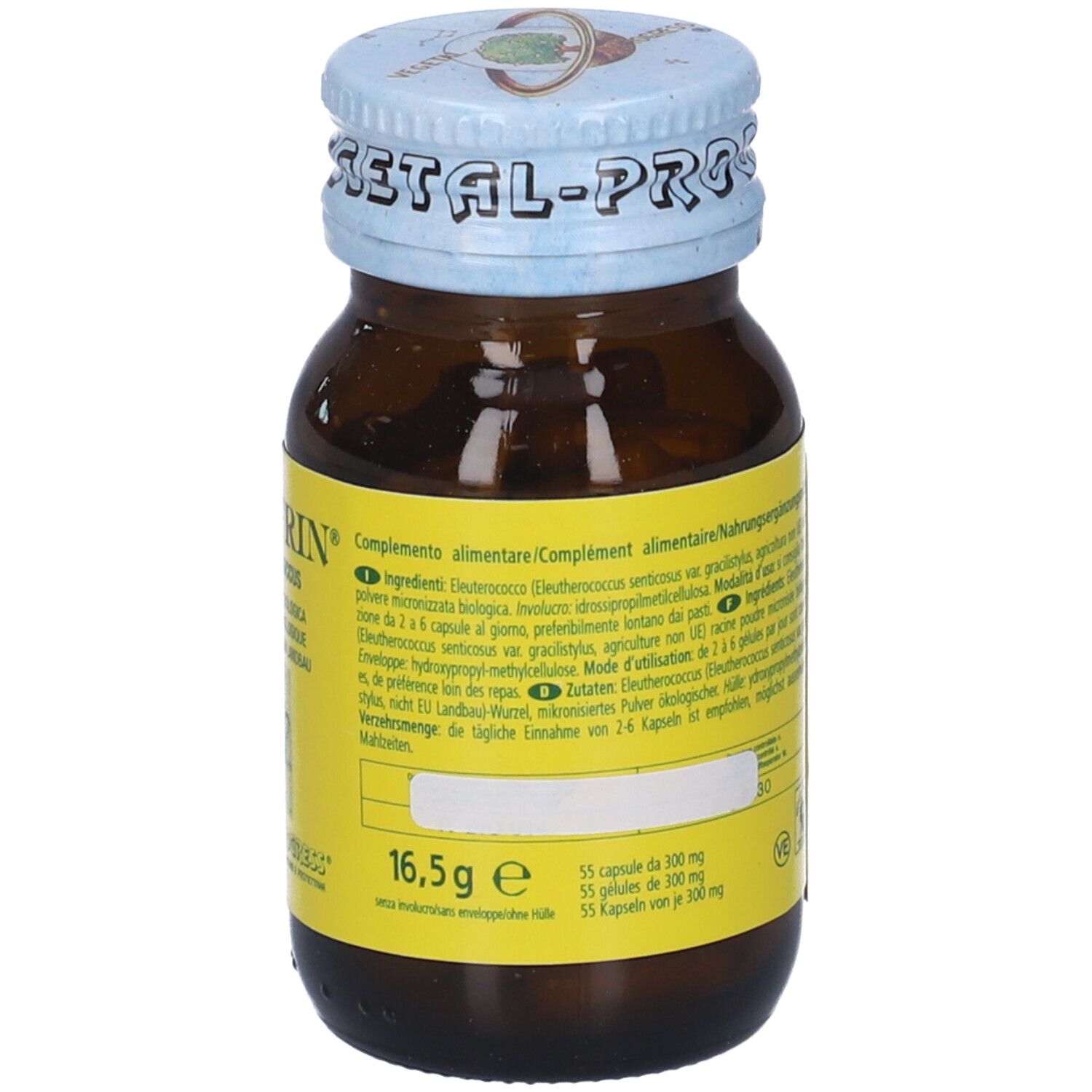Flacone di vetro marrone con tappo blu. Scritta: Eleutrin, Eleutherococcus. Etichetta gialla con testo. 16,5 g, 55 capsule.