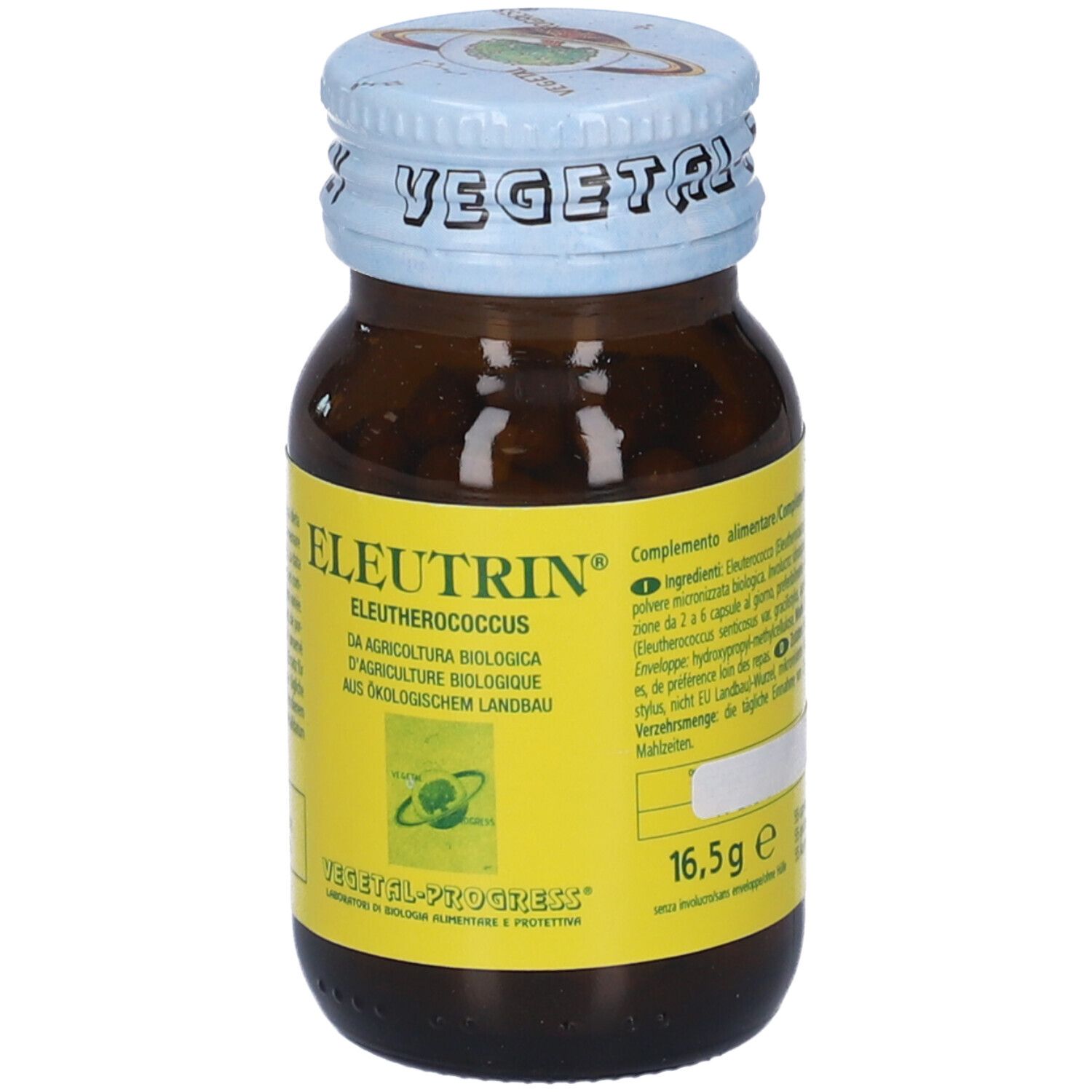 Flacone di vetro marrone con tappo blu. Scritta: Eleutrin, Eleutherococcus. Etichetta gialla con testo. 16,5 g.