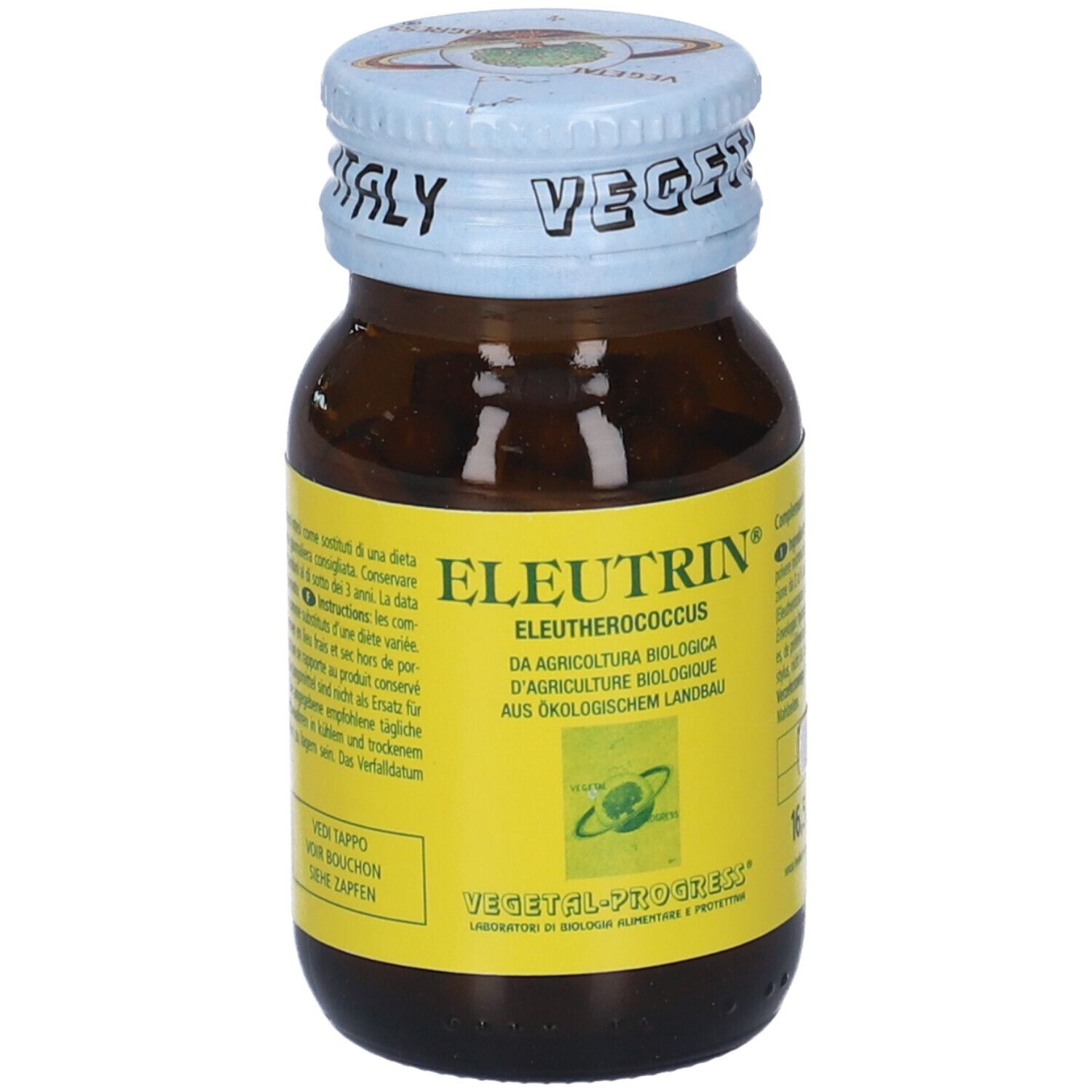 Flacone di vetro marrone con tappo blu. Scritta: Eleutrin, Eleutherococcus. Etichetta gialla con testo. Stampa Italia sul tappo.