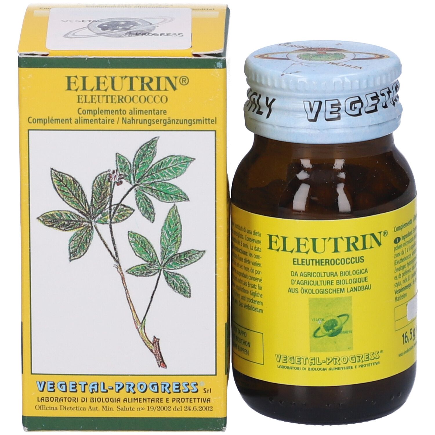 Flacone di vetro marrone e scatola gialla. Scritta: Eleutrin, Eleutherococcus. Illustrazione di pianta. 16,5 g.