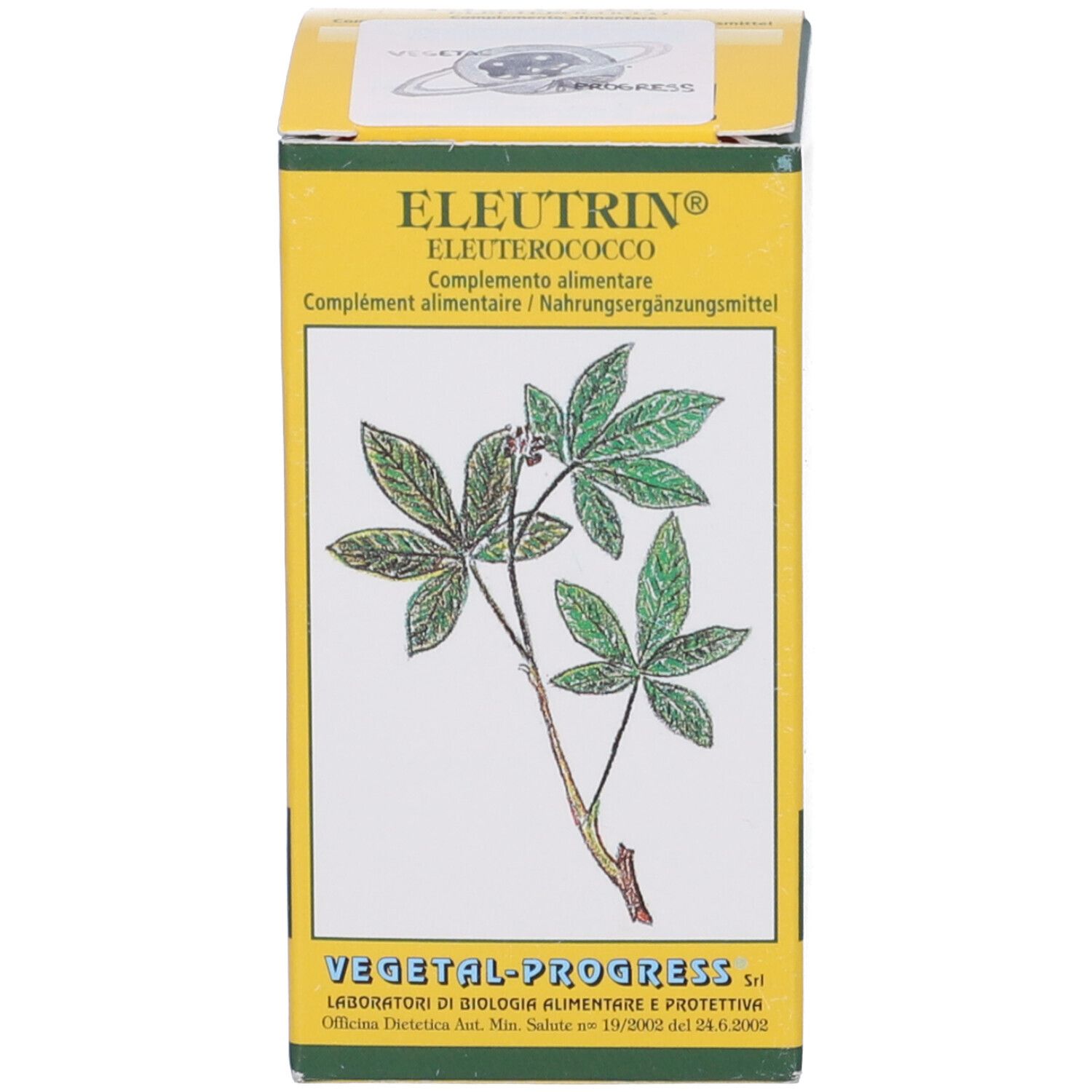 Scatola gialla. Scritta: Eleutrin, Eleutherococcus. Illustrazione di pianta. Testo.