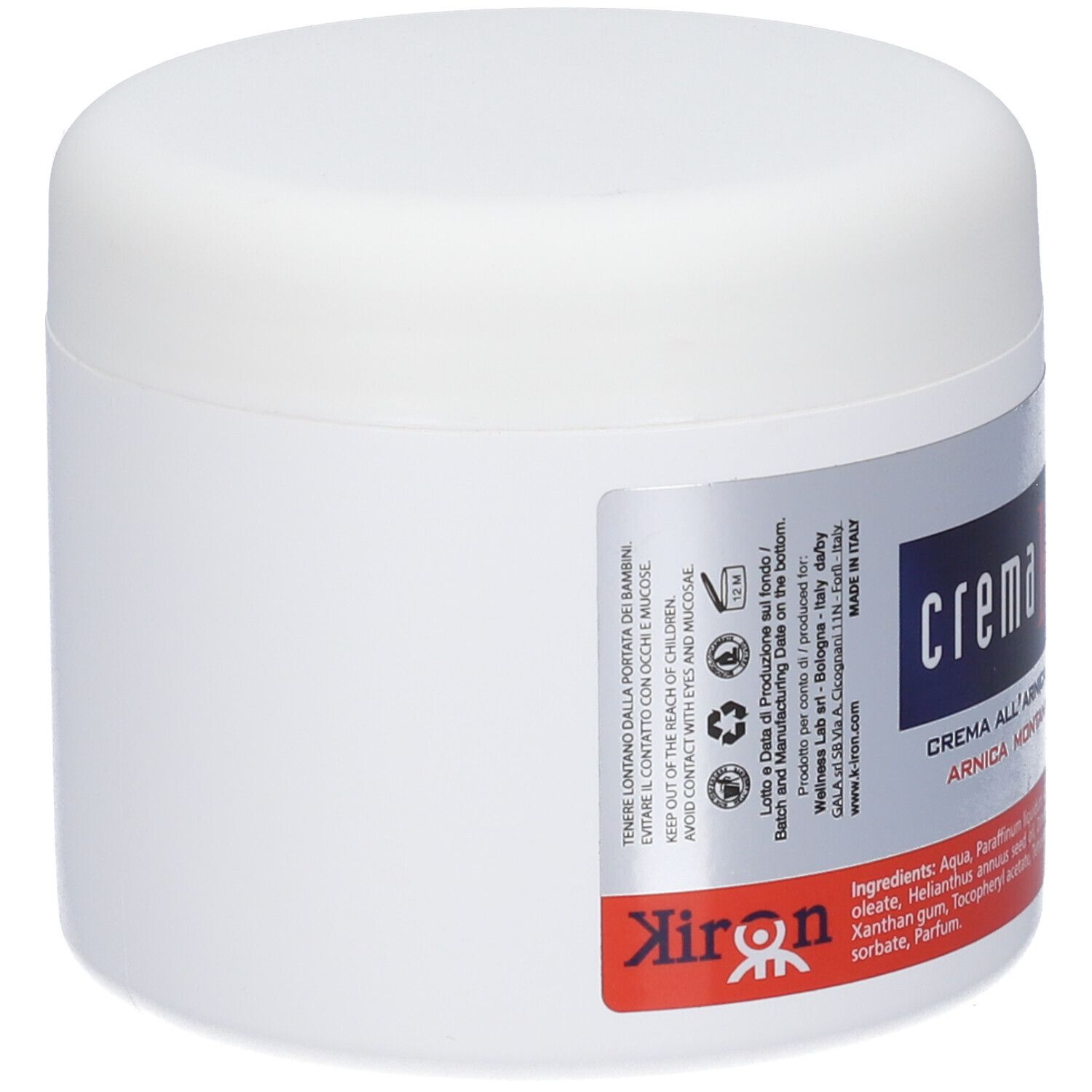 Retro di un vasetto bianco con Kiron Crema K Arnica Montana Cream. Contiene avvertenze e ingredienti.