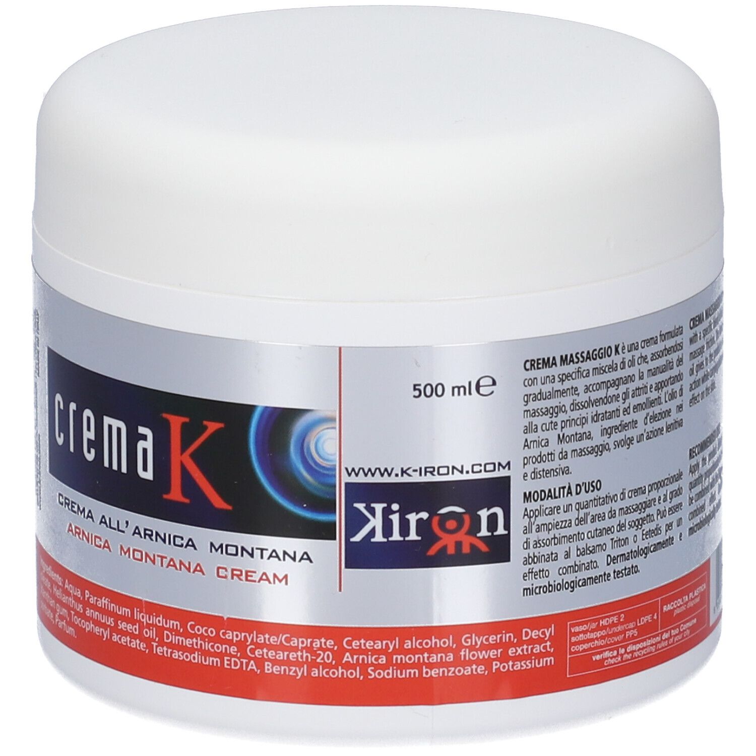 Vasetto bianco con etichetta Kiron Crema K Arnica Montana Cream. Mostra informazioni sul prodotto e modalità d'uso.