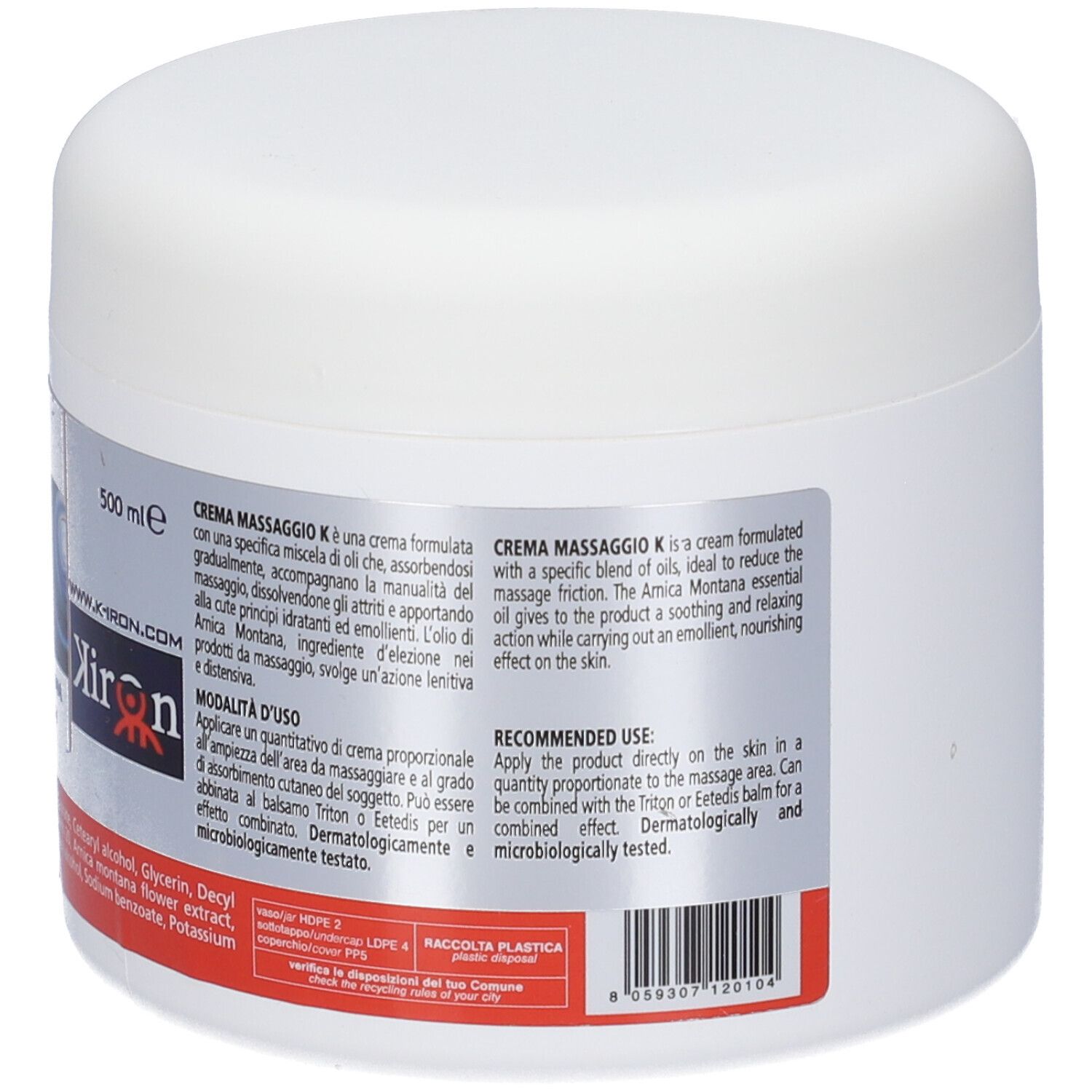 Retro di un vasetto bianco con Kiron Crema K Arnica Montana Cream. Contiene modalità d'uso e ingredienti.