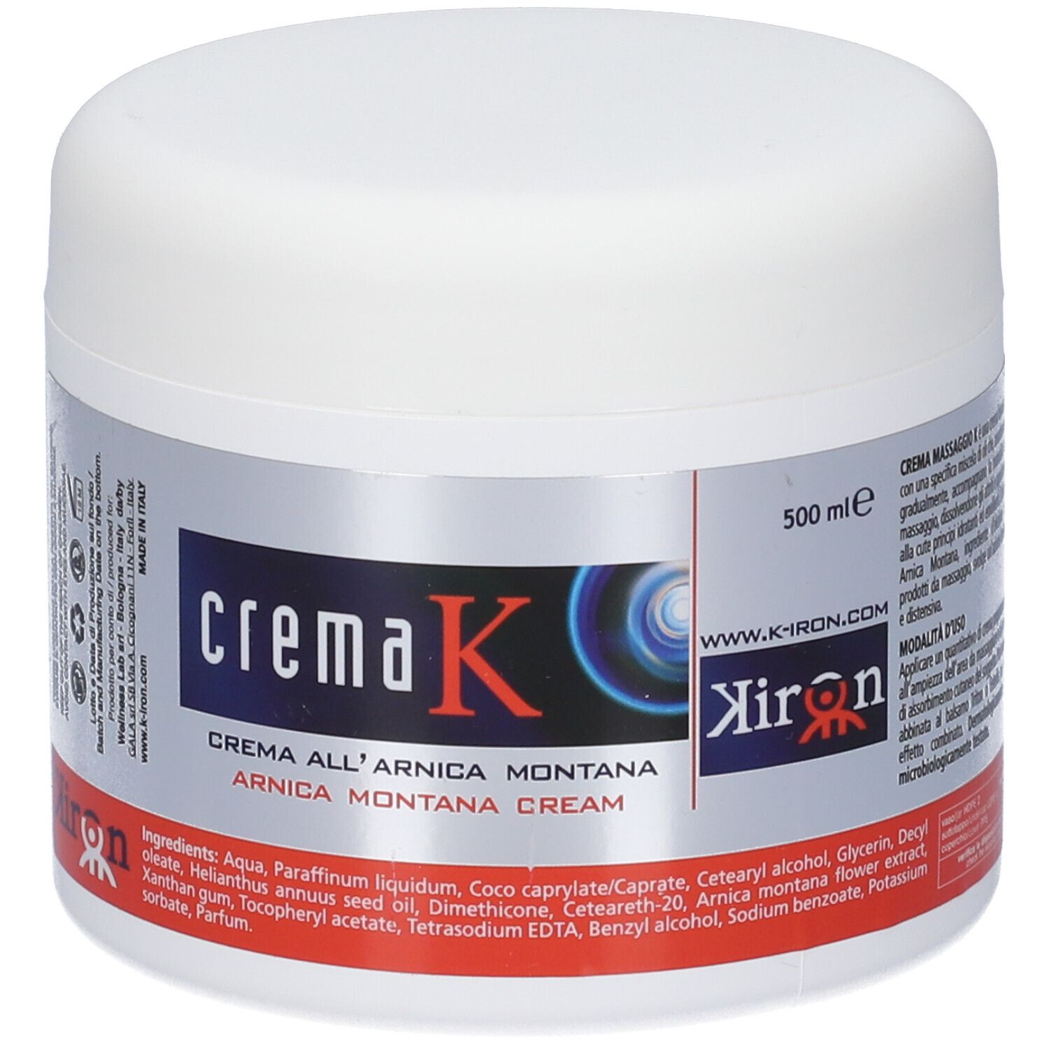 Vasetto bianco con etichetta Kiron Crema K Arnica Montana Cream. Mostra informazioni sul prodotto e ingredienti.