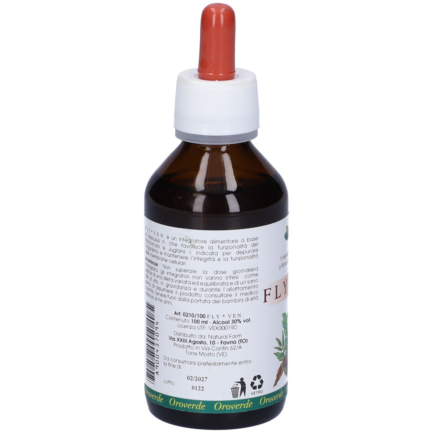 Vista posteriore del flacone di vetro marrone con contagocce. Etichetta con testo, ingredienti e informazioni del produttore. Marchio NATURAL FARM.