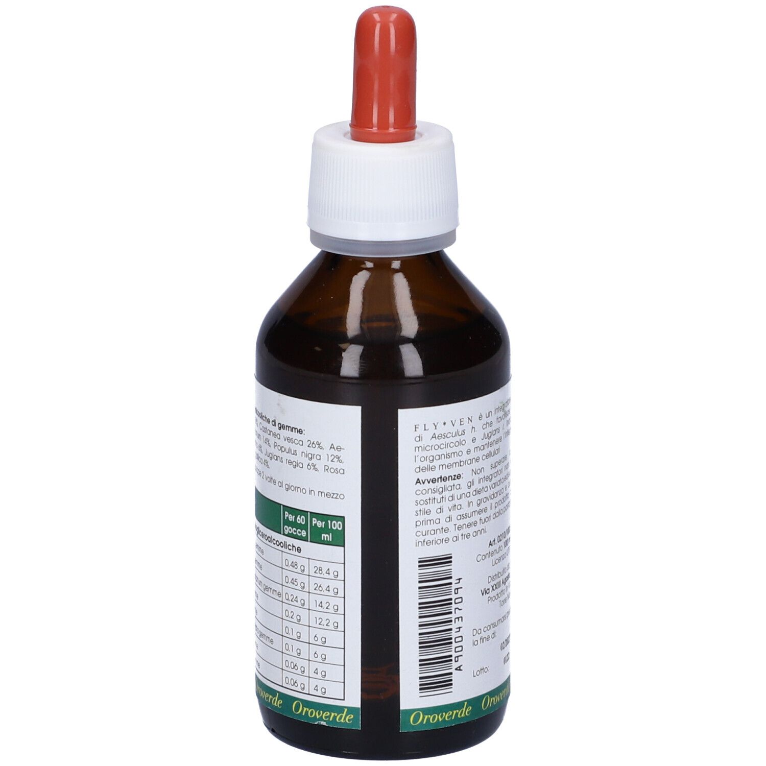 Vista posteriore del flacone di vetro marrone con contagocce. Etichetta con informazioni nutrizionali. Marchio NATURAL FARM.