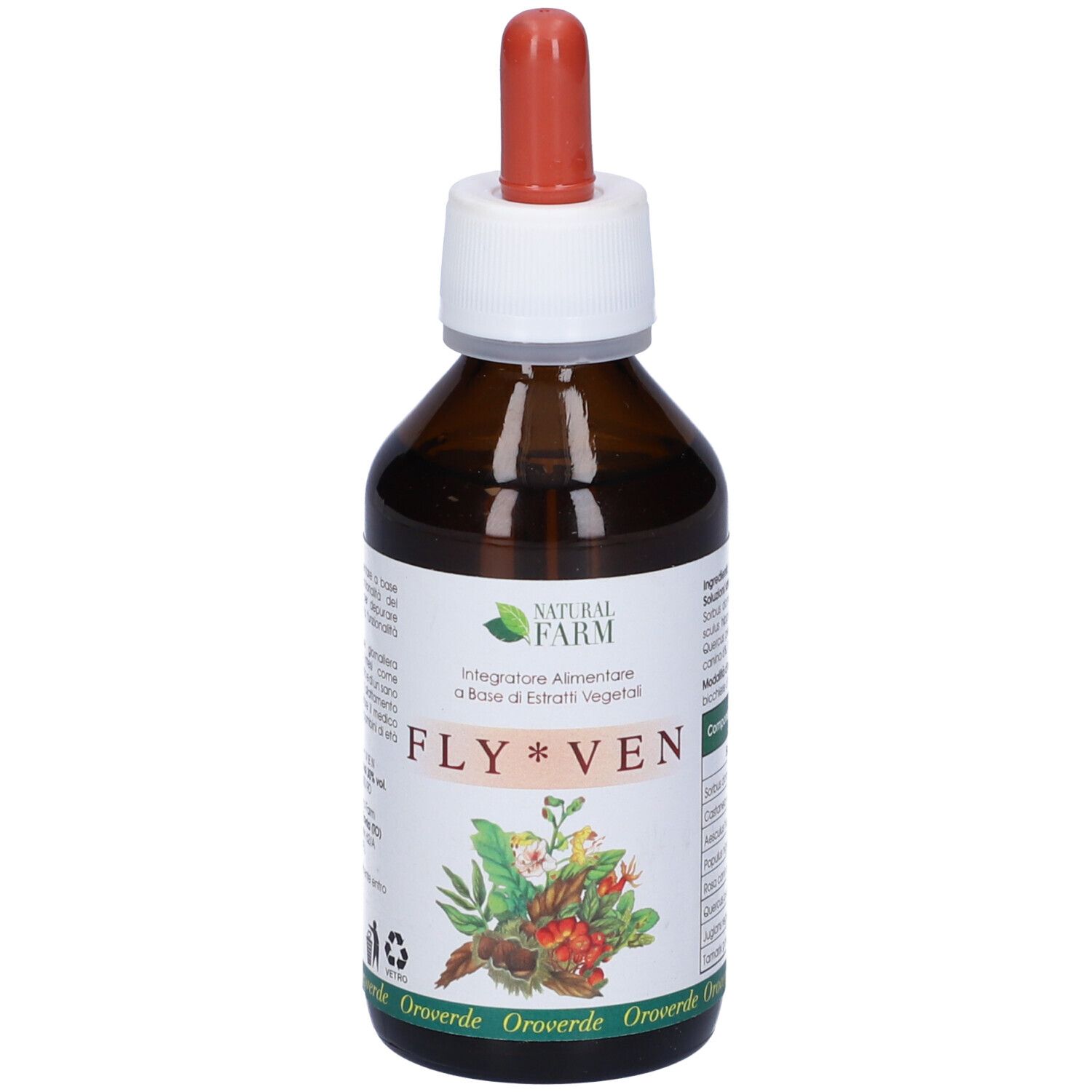 Flacone di vetro marrone con contagocce. Etichetta con nome FLY*VEN, logo e illustrazione floreale. Marchio NATURAL FARM.