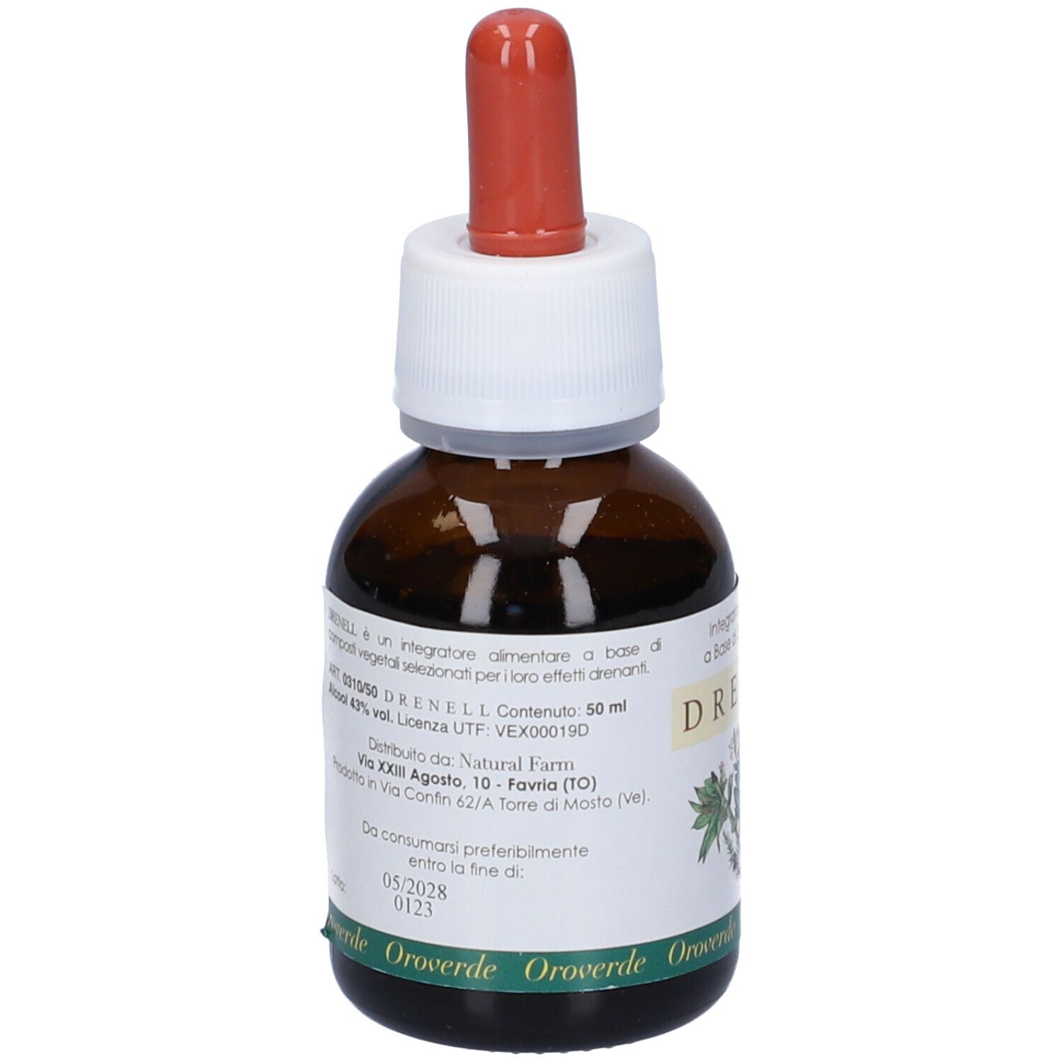 Flacone di vetro marrone con etichetta bianca e contagocce rosso. Etichetta con nome del prodotto Drenell e testo. Vista posteriore.