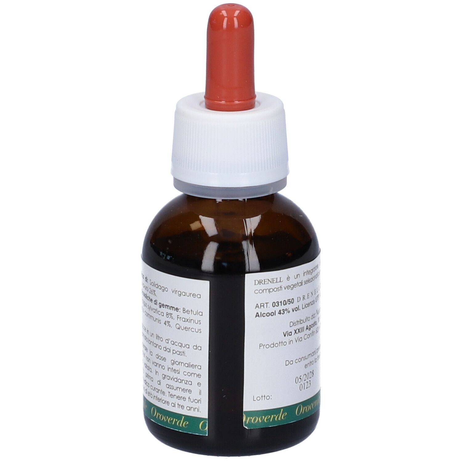 Flacone di vetro marrone con etichetta bianca e contagocce rosso. Etichetta con nome del prodotto Drenell e testo. Vista posteriore.