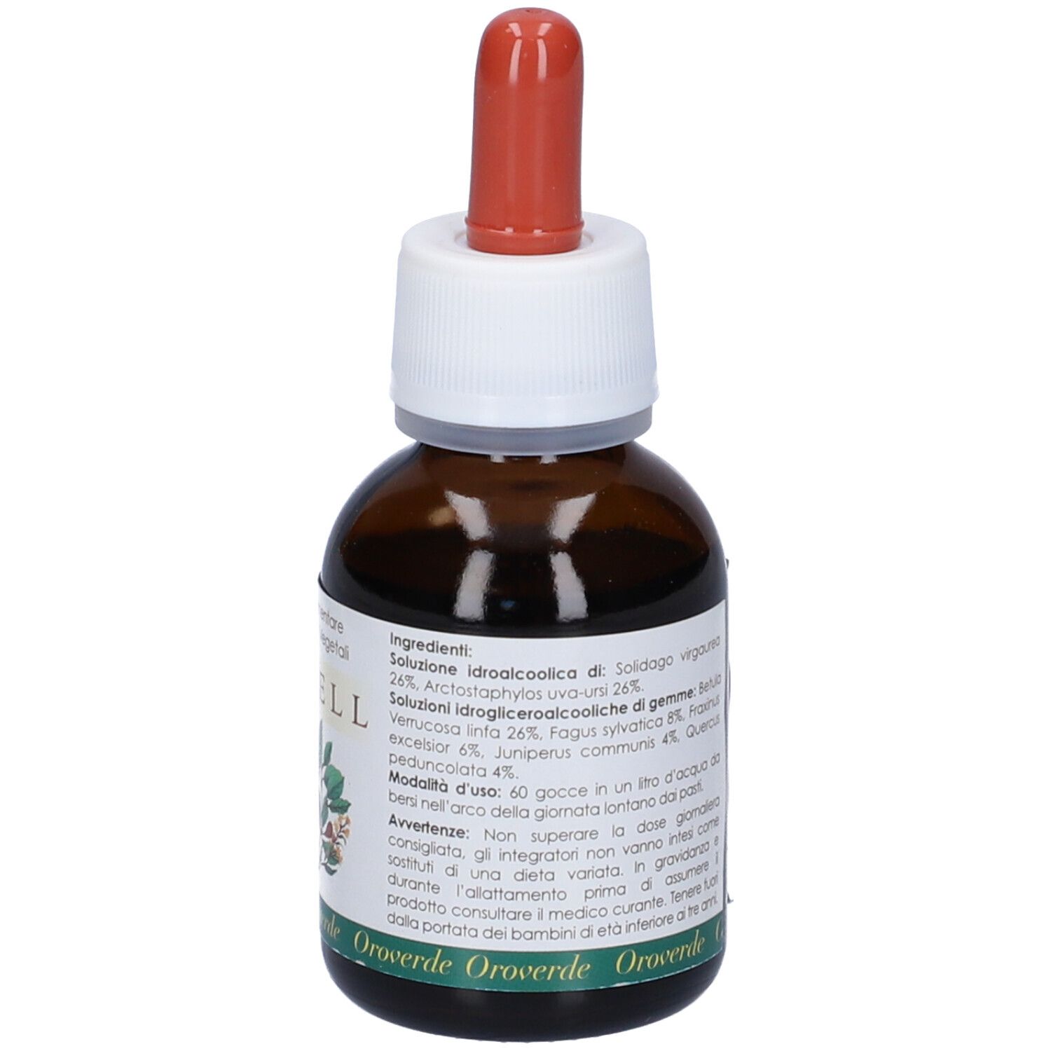 Flacone di vetro marrone con etichetta bianca e contagocce rosso. Etichetta con nome del prodotto Drenell e testo. Vista posteriore.