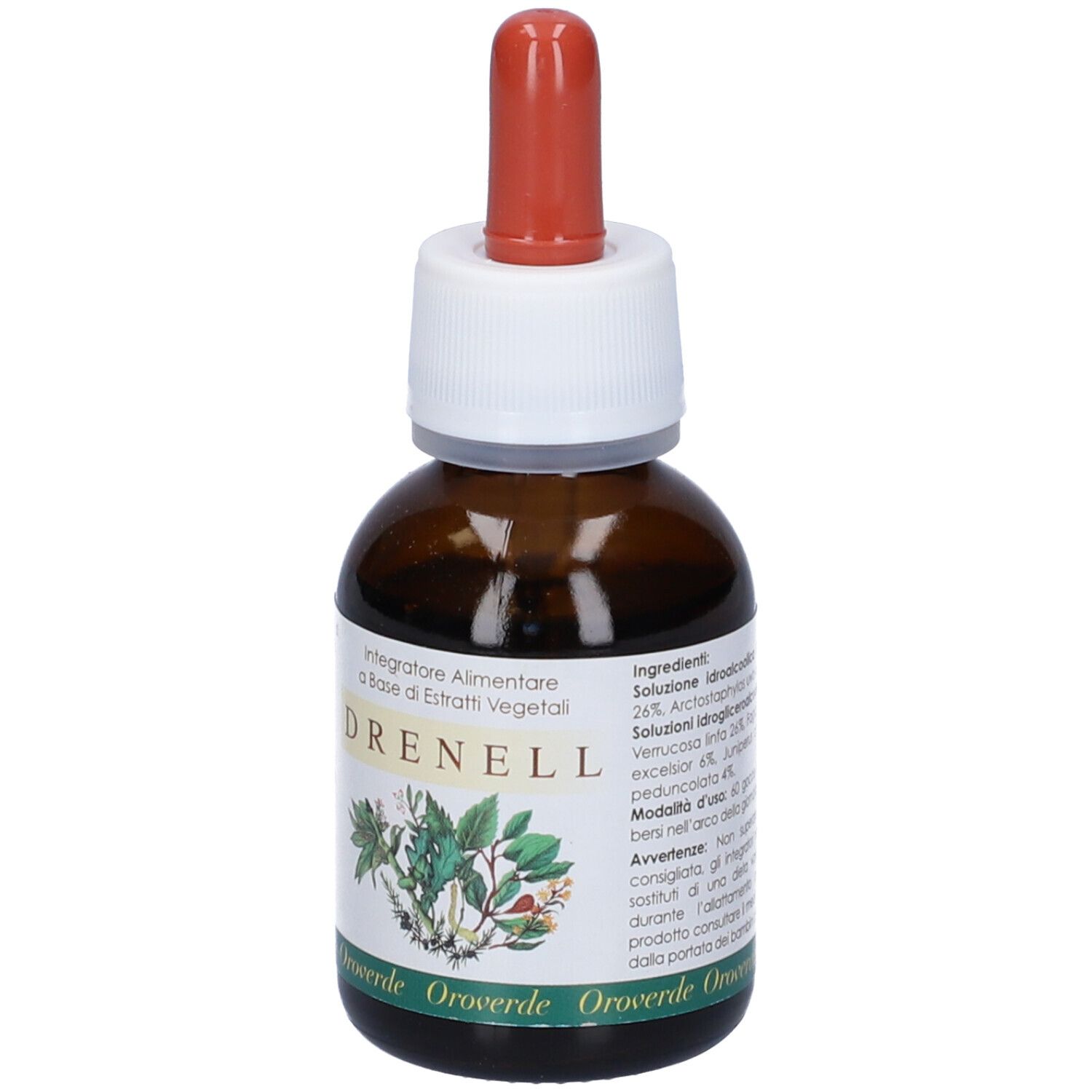 Flacone di vetro marrone con etichetta bianca e contagocce rosso. Etichetta con nome del prodotto Drenell e testo. Vista posteriore.