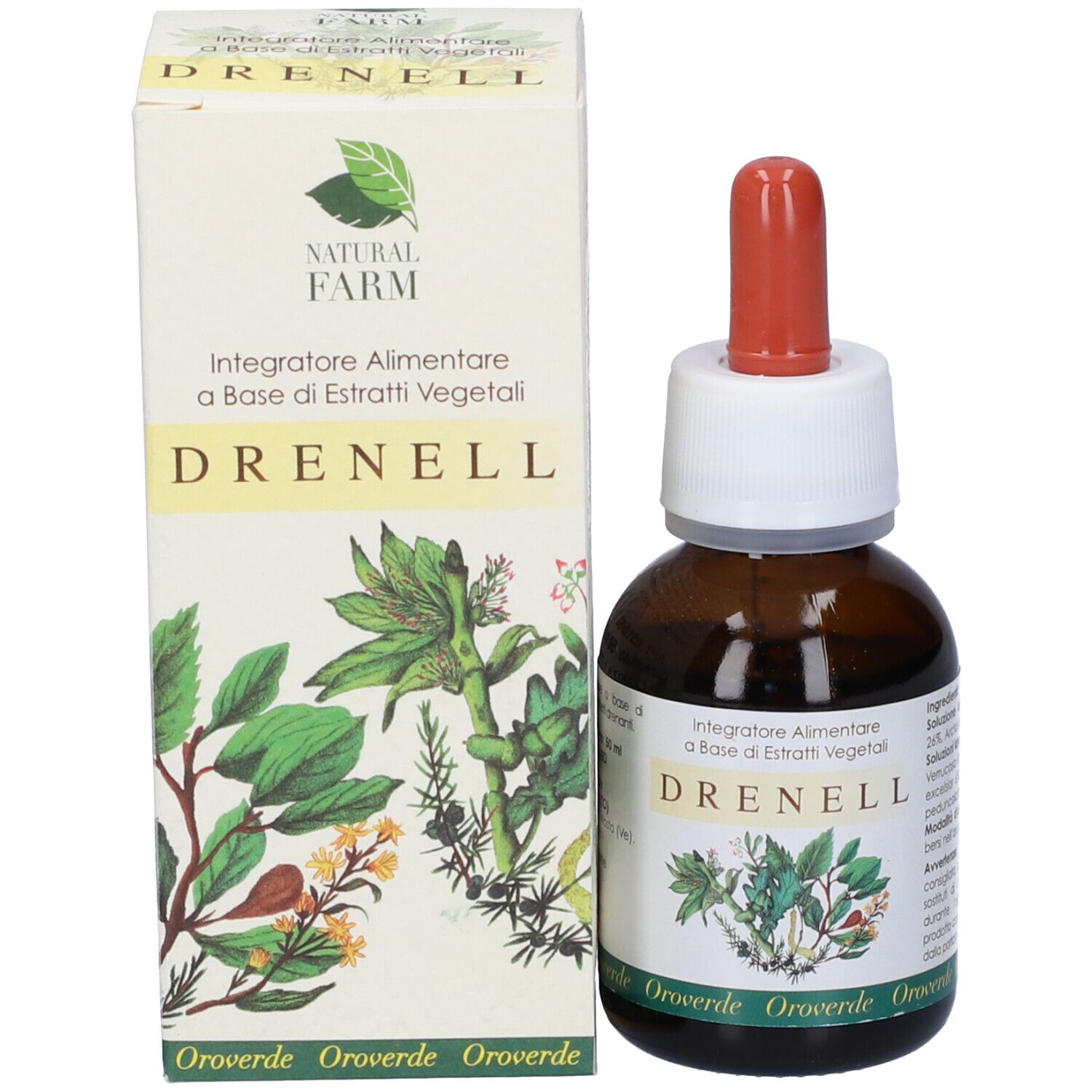 Flacone di vetro marrone con etichetta bianca e contagocce rosso, accanto a confezione bianca. Nome prodotto Drenell.