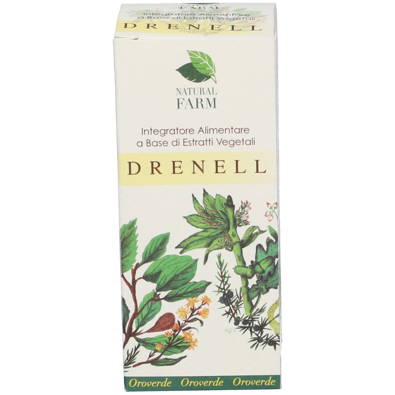 Confezione bianca con motivo a foglie verdi e nome del prodotto Drenell. Testo: Integratore Alimentare a Base di Estratti Vegetali.