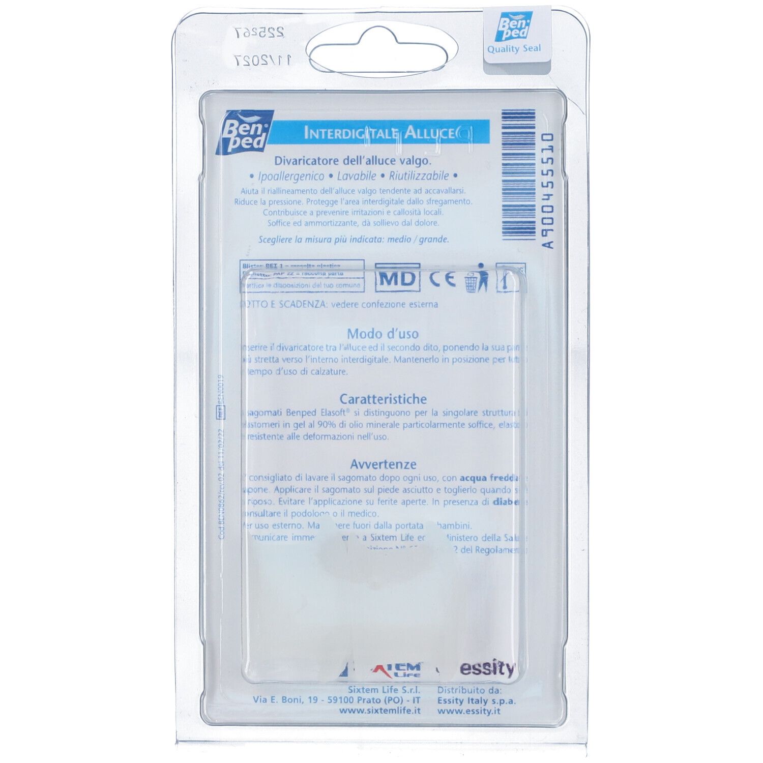 Retro della confezione. Testo: Benped, Divaricatore Alluce Valgo, Modo d'uso, Caratteristiche. Confezione in plastica trasparente.