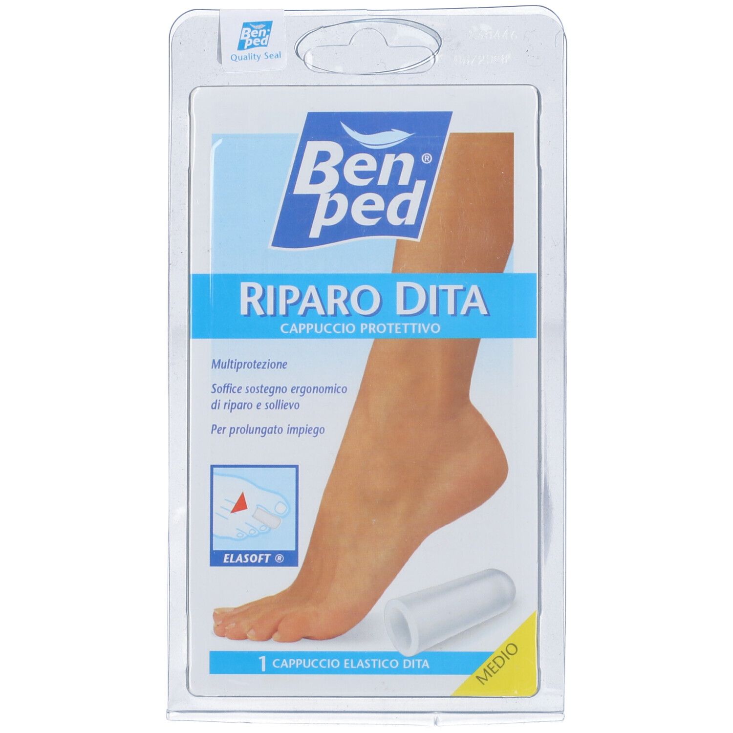 Confezione di protezione per dita. Il protettore è bianco e cilindrico. Sulla confezione è raffigurato un piede.