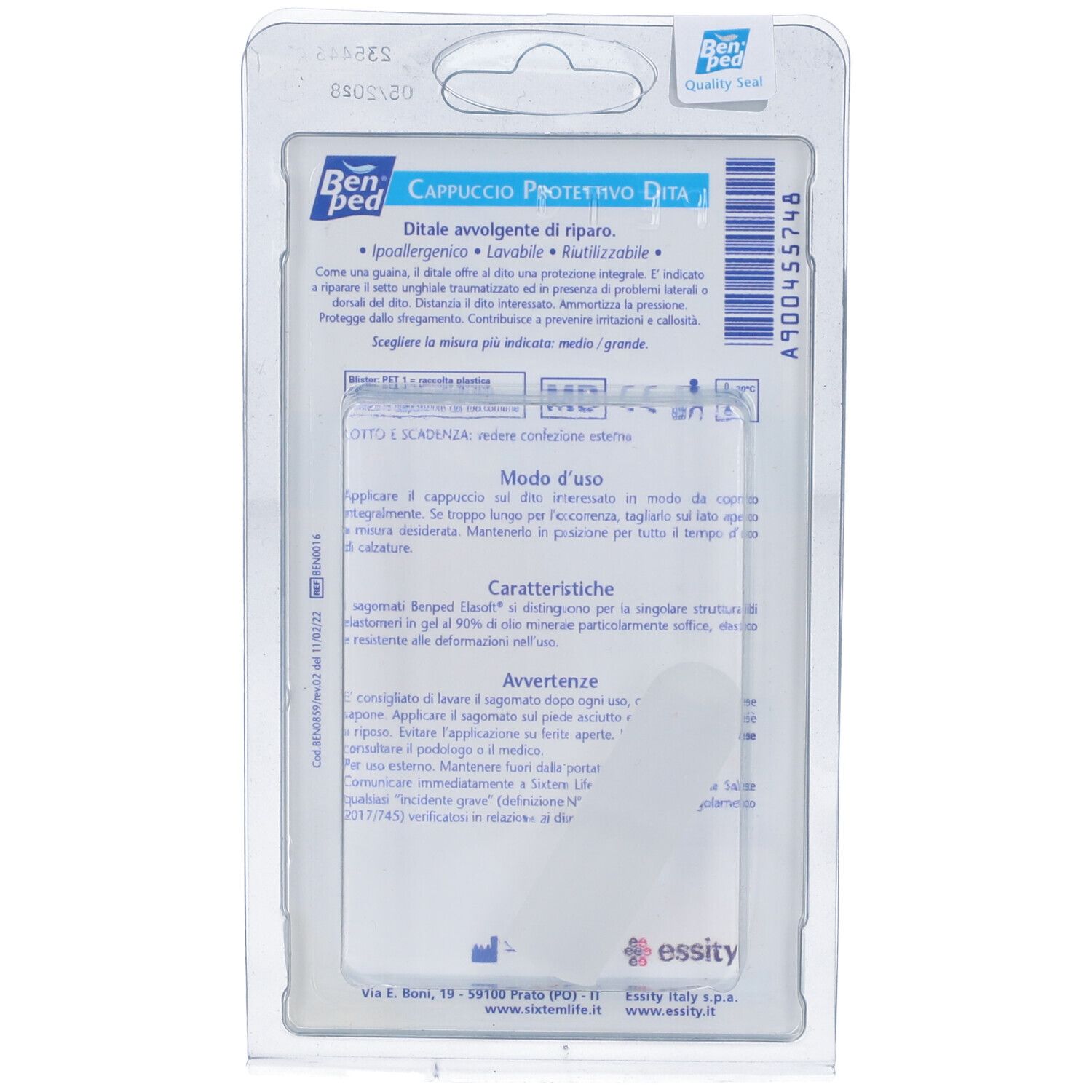 Retro della confezione con informazioni sul prodotto e istruzioni per l'uso. Testo in italiano.