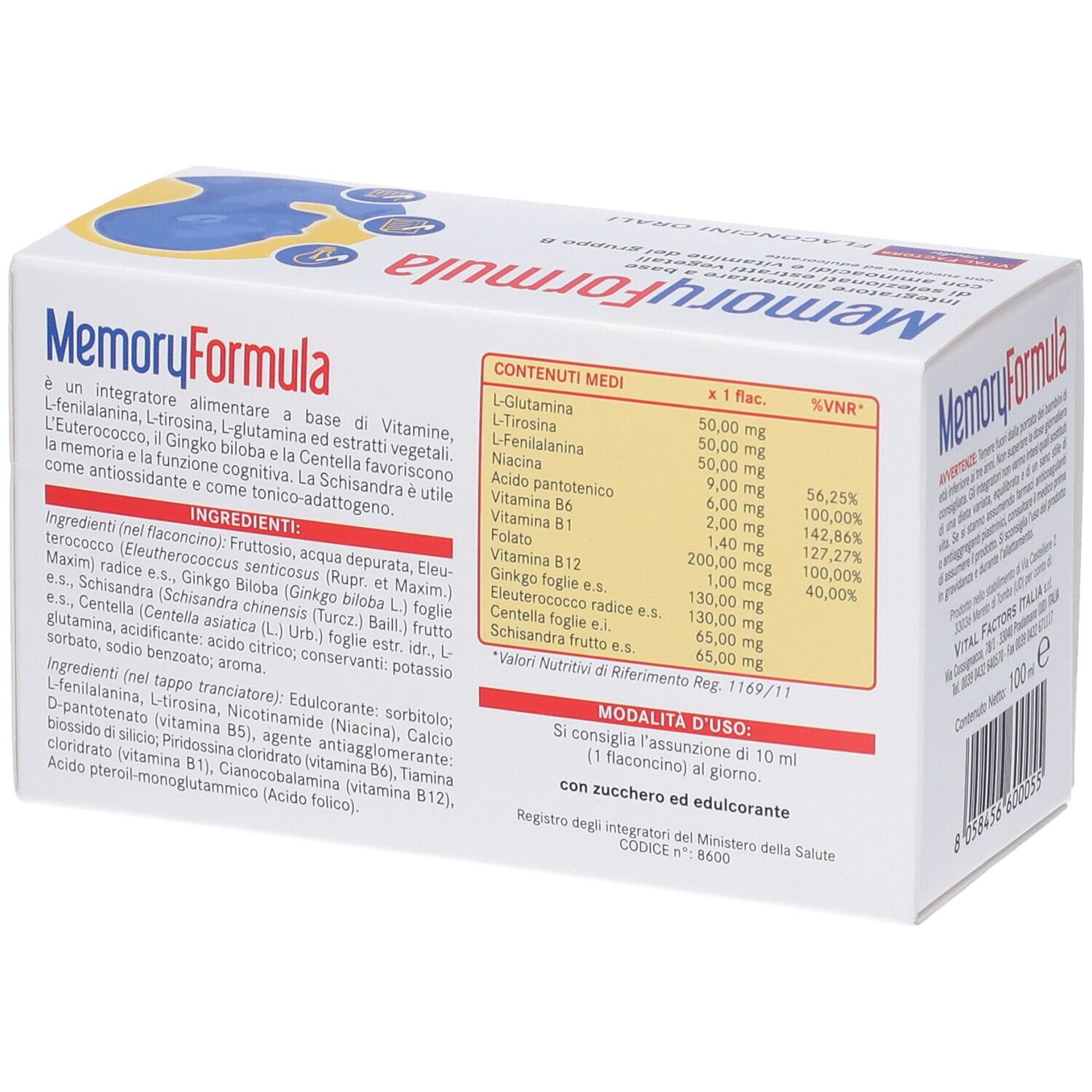 Retro della confezione con elenco ingredienti e informazioni nutrizionali. Contiene anche istruzioni per il dosaggio.