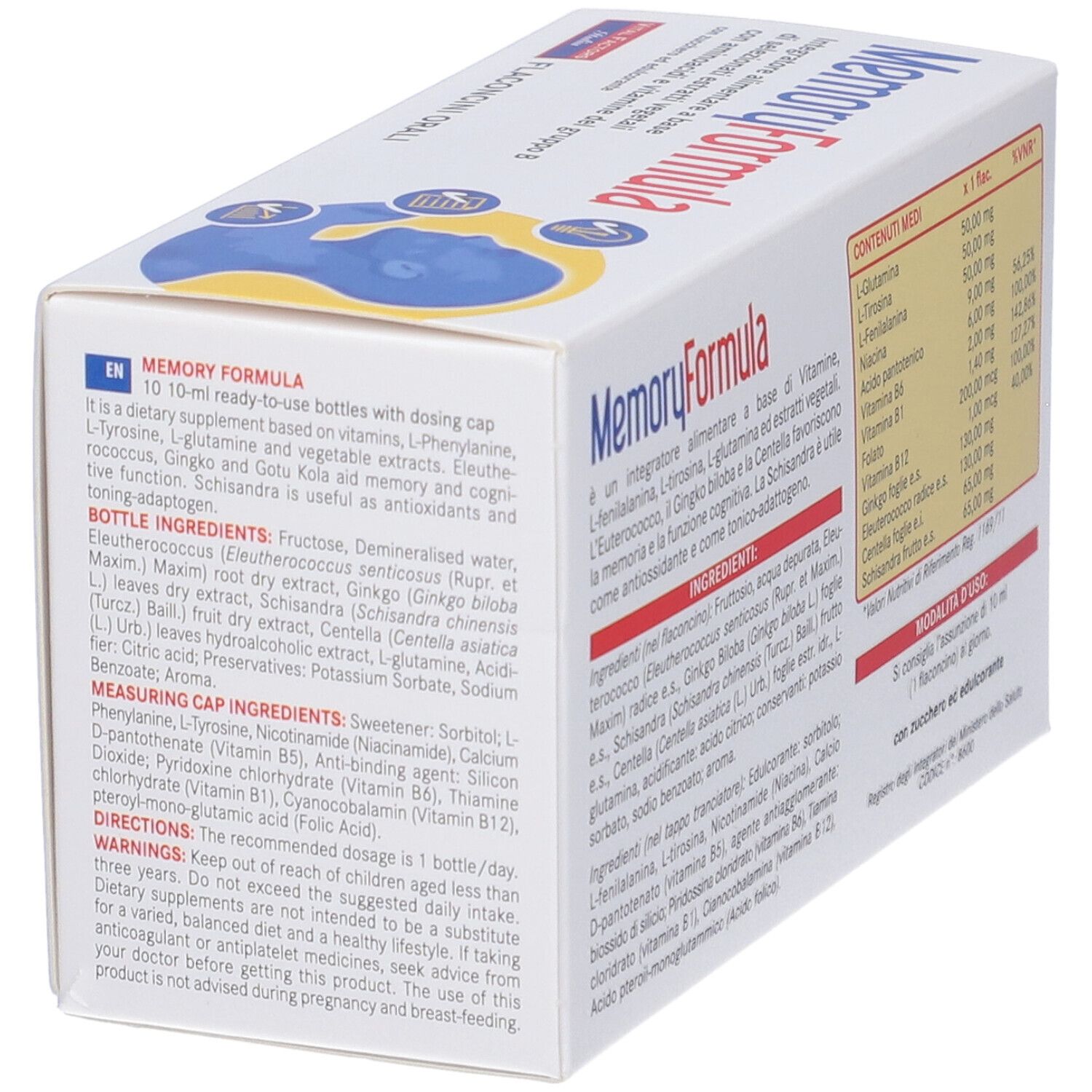 Vista angolata della confezione con elenco ingredienti e informazioni nutrizionali. Contiene istruzioni per il dosaggio.