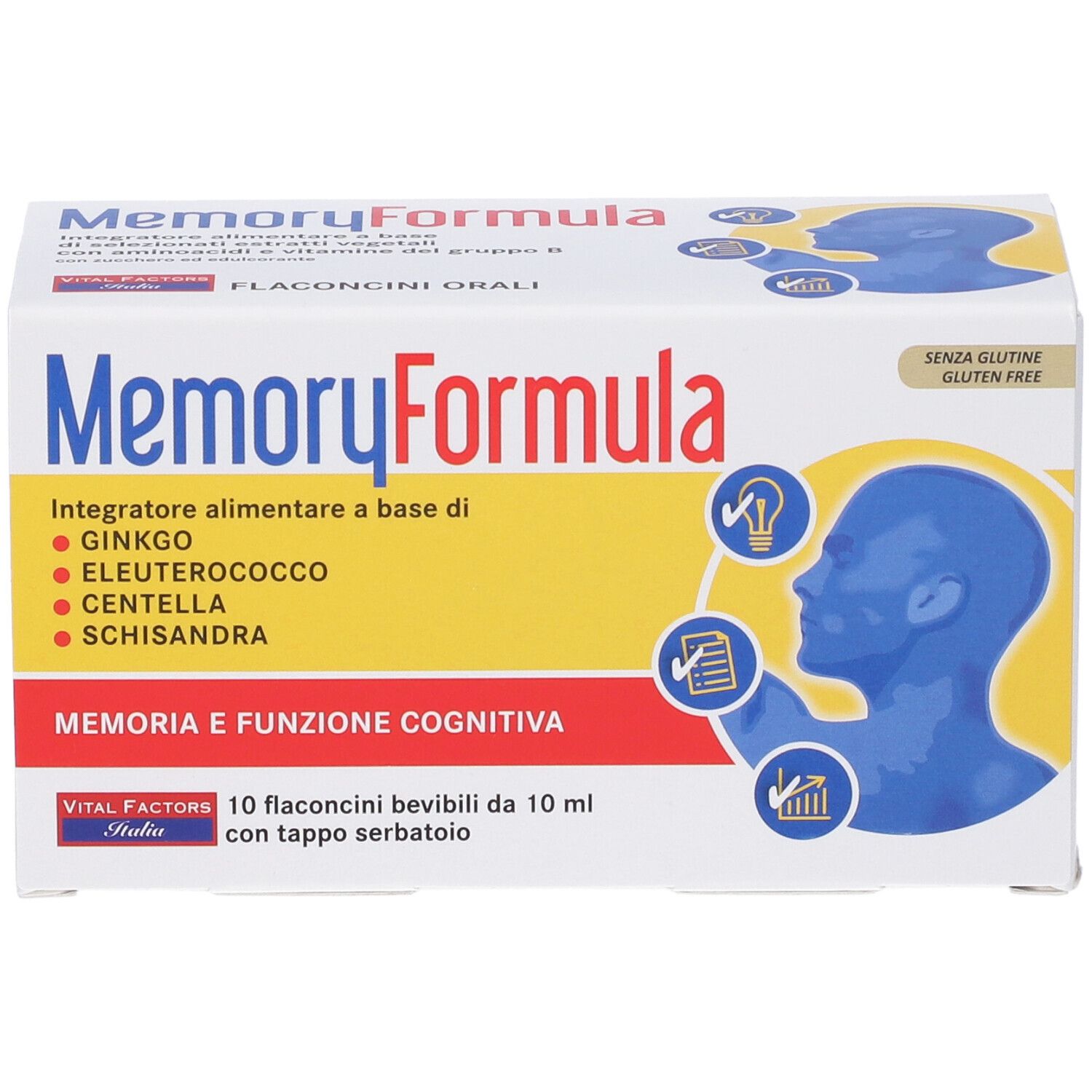 Confezione del prodotto con nome e ingredienti. Sfondo giallo con profilo testa blu. Senza glutine.