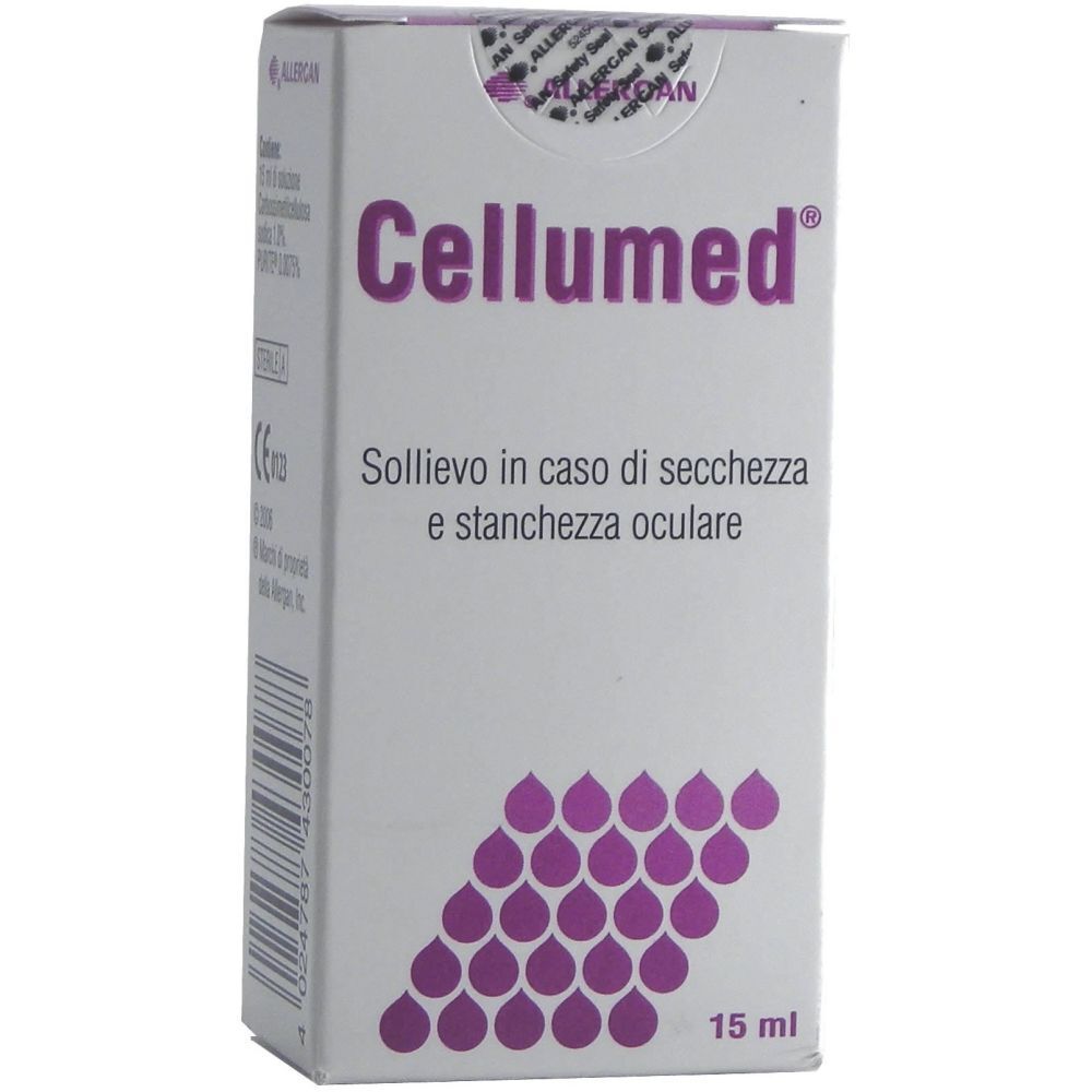 Scatola bianca Cellumed. Logo e testo viola. Motivo gocce viola in basso. 15 ml.