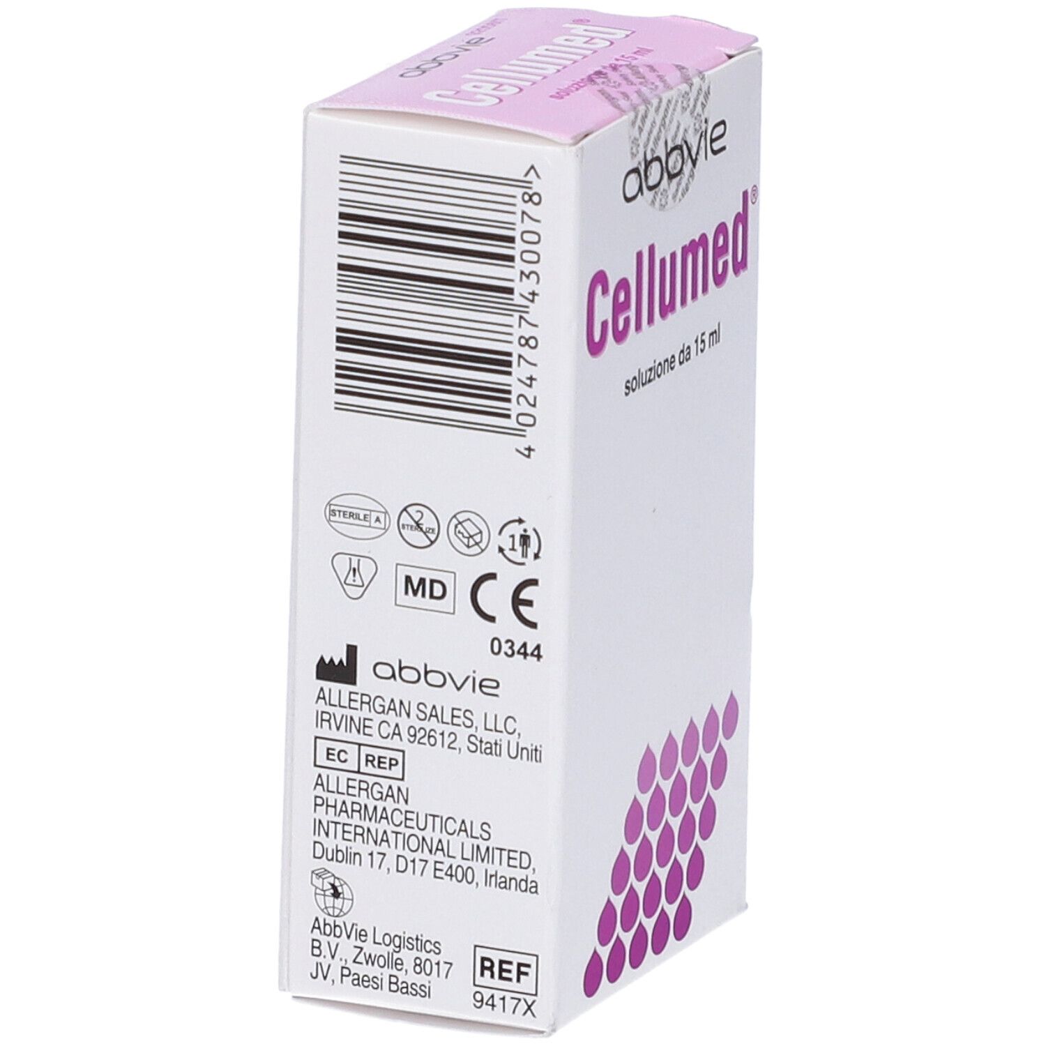 Scatola Cellumed, retro. Testo, codice a barre, loghi. Informazioni produttore. Motivo gocce viola.