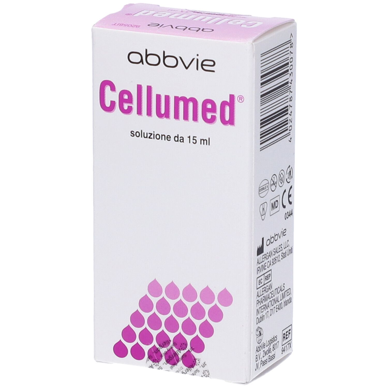 Scatola Cellumed, coperchio rosa. Logo e testo. 15 ml. Motivo gocce viola in basso.