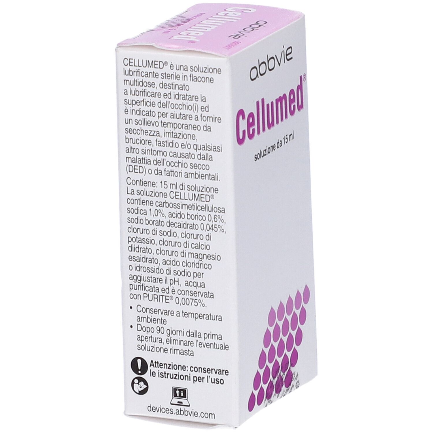 Scatola Cellumed, testo laterale. Descrizione prodotto. 15 ml. Motivo gocce viola.