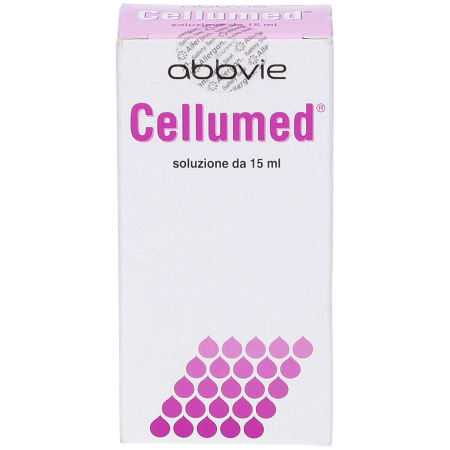 Scatola Cellumed, coperchio rosa. Logo e testo. 15 ml. Motivo gocce viola in basso.