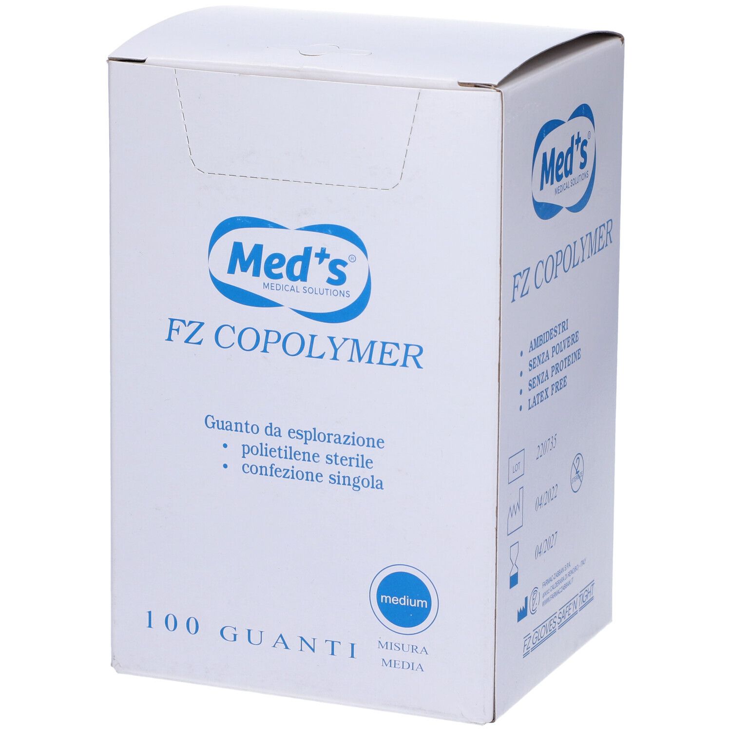 Scatola bianca con testo blu. 'Med's' e 'FZ COPOLYMER'. 100 guanti, taglia Medium. Dispositivo medico.