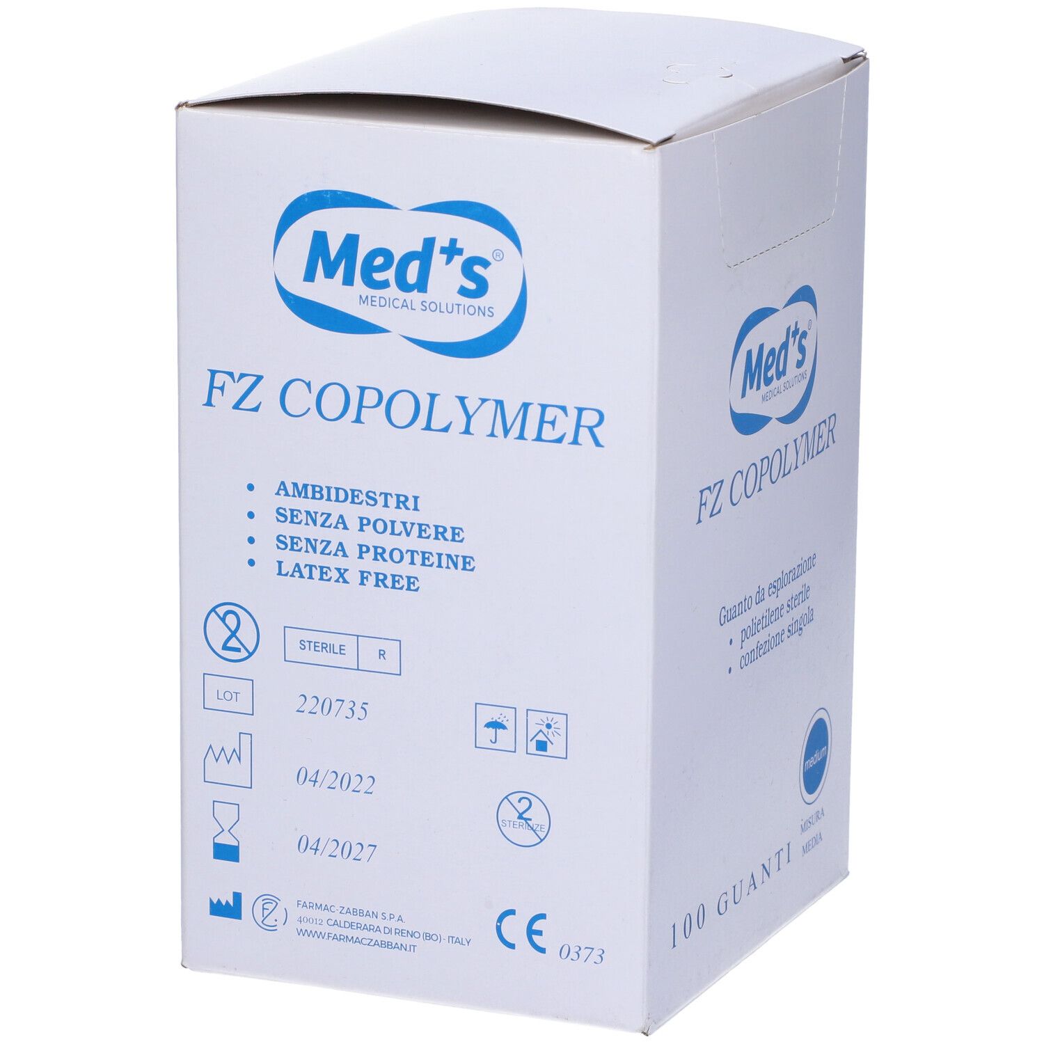 Scatola bianca con testo blu. 'Med's' e 'FZ COPOLYMER'. Ambidestri, senza polvere, senza proteine, senza lattice. DM.