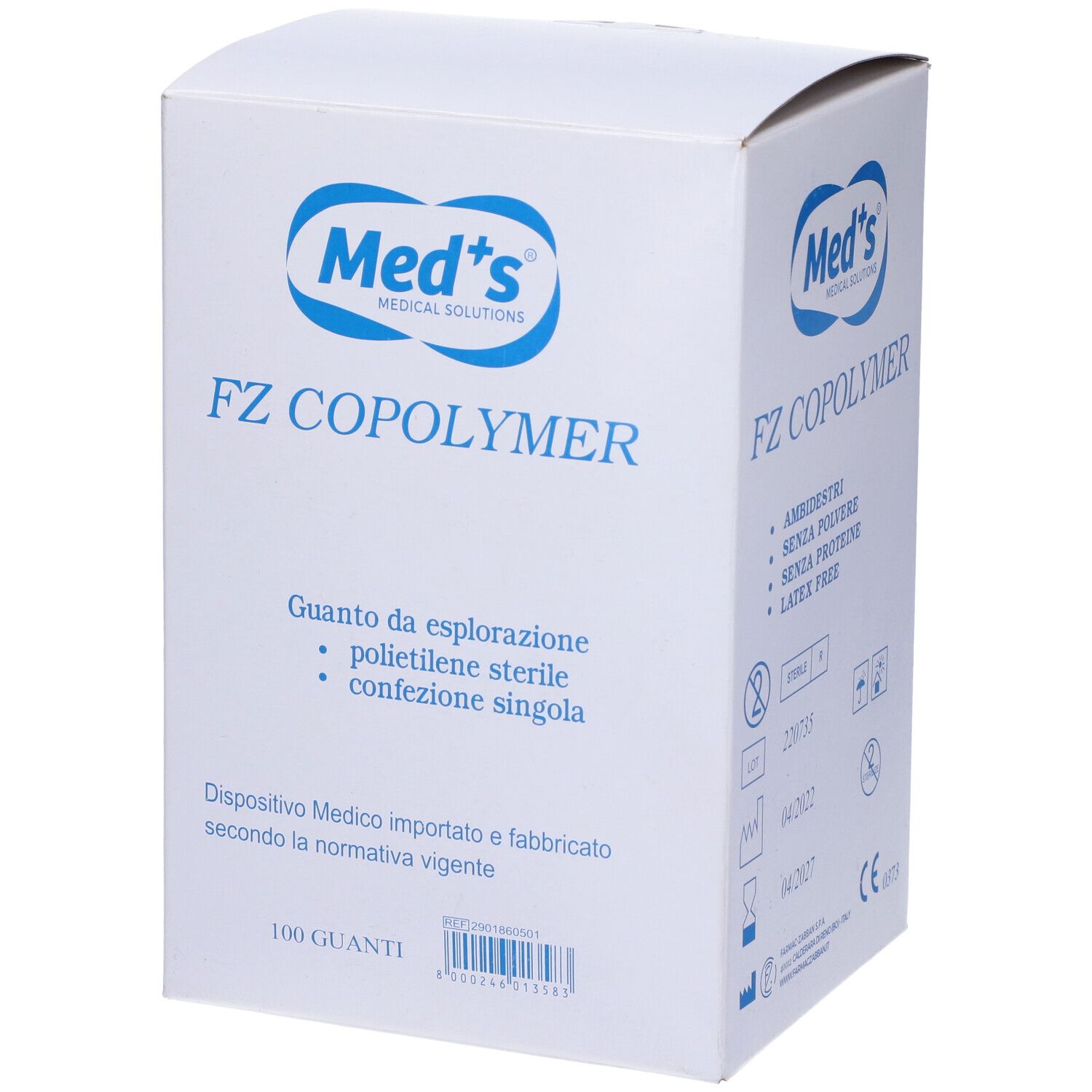 Scatola bianca con testo blu. 'Med's' e 'FZ COPOLYMER'. 100 guanti. Dispositivo medico. Sterili.