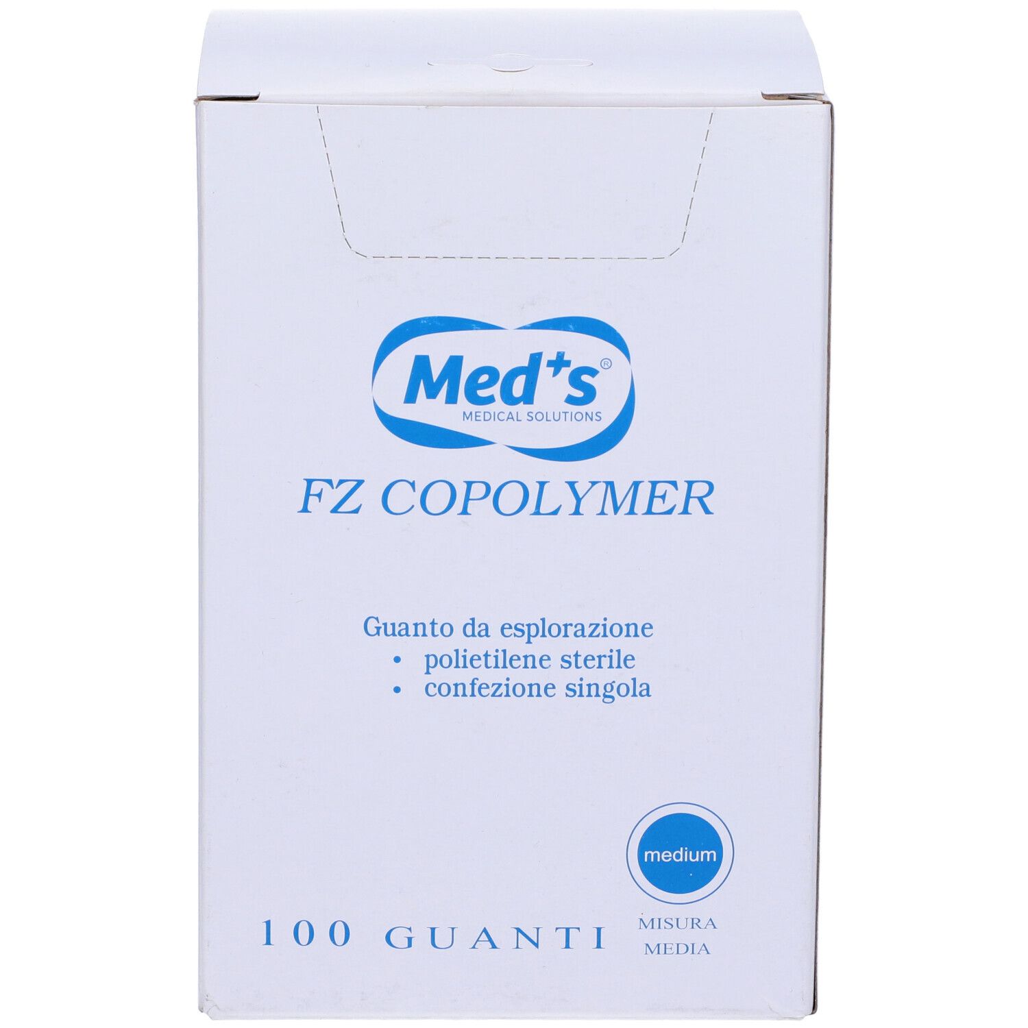 Scatola bianca con testo blu. 'Med's' e 'FZ COPOLYMER'. 100 guanti, taglia Medium. Dispositivo medico.