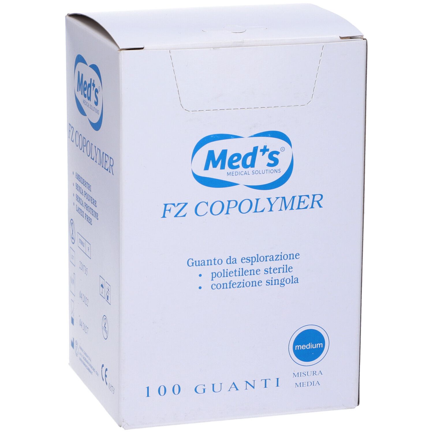 Scatola bianca con testo blu. 'Med's' e 'FZ COPOLYMER'. 100 guanti, taglia Medium. Dispositivo medico.