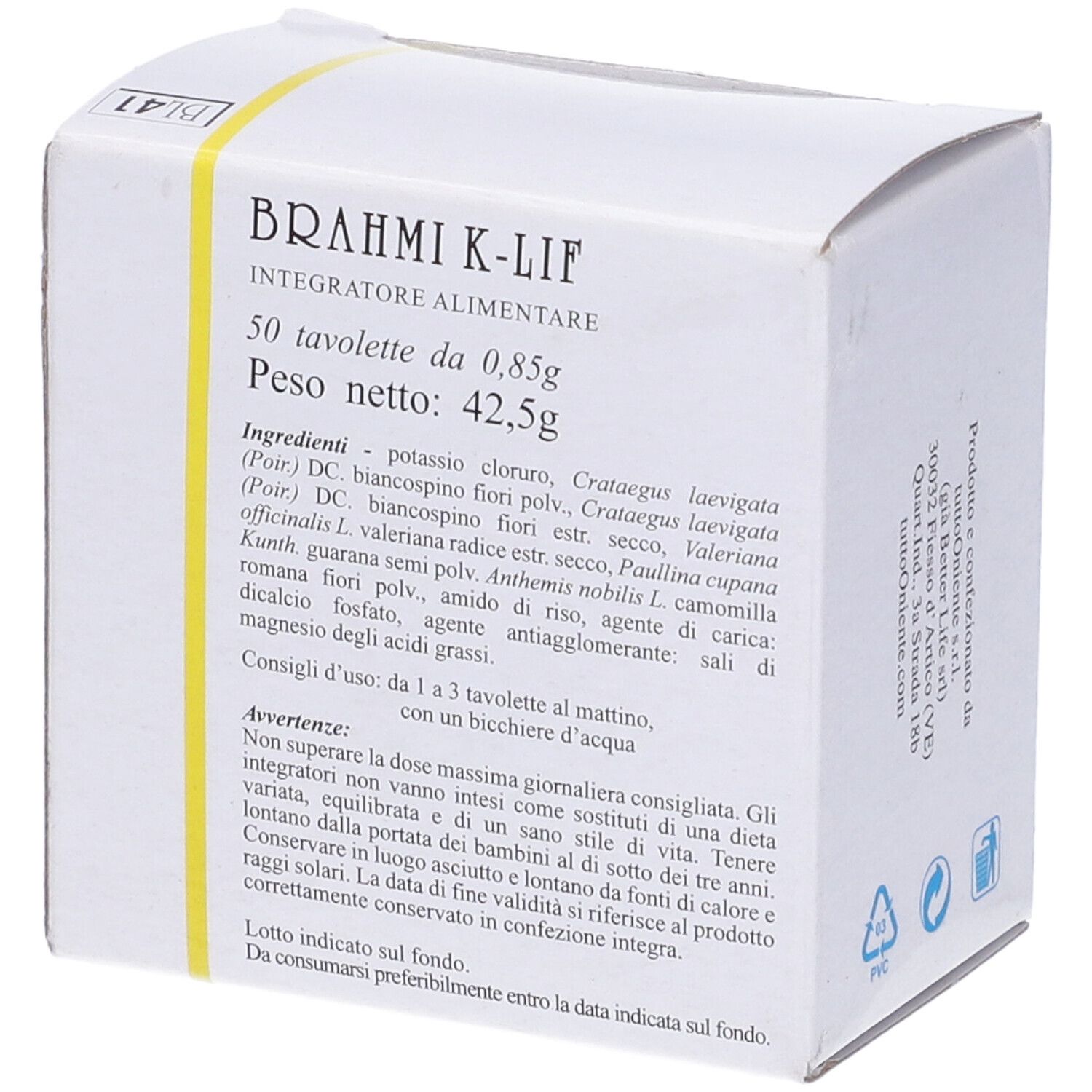 Scatola bianca con testo. "Brahmi K-Lif Integratore Alimentare". 50 compresse, 0,85g. Elenco ingredienti e avvertenze.