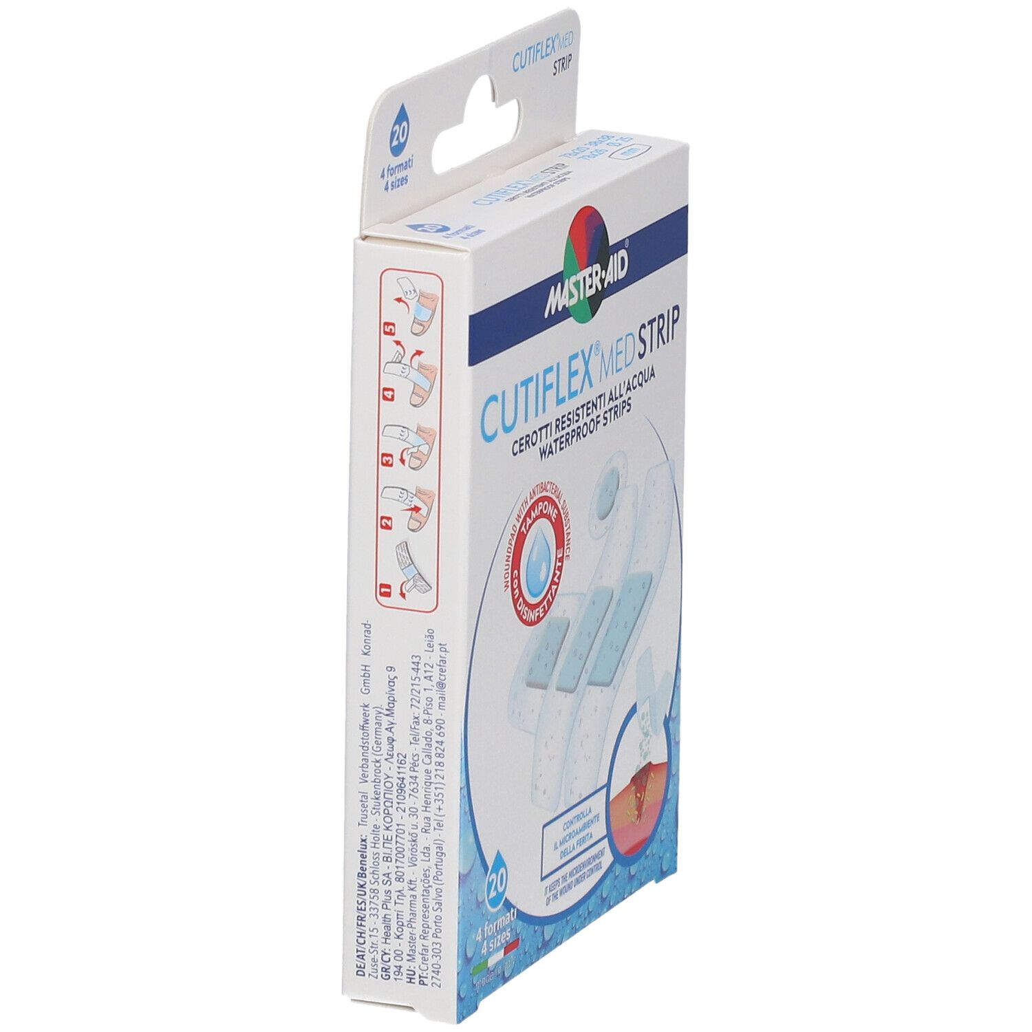 Confezione di cerotti CUTIFLEX MED STRIP, MASTER-AID. Vista laterale.