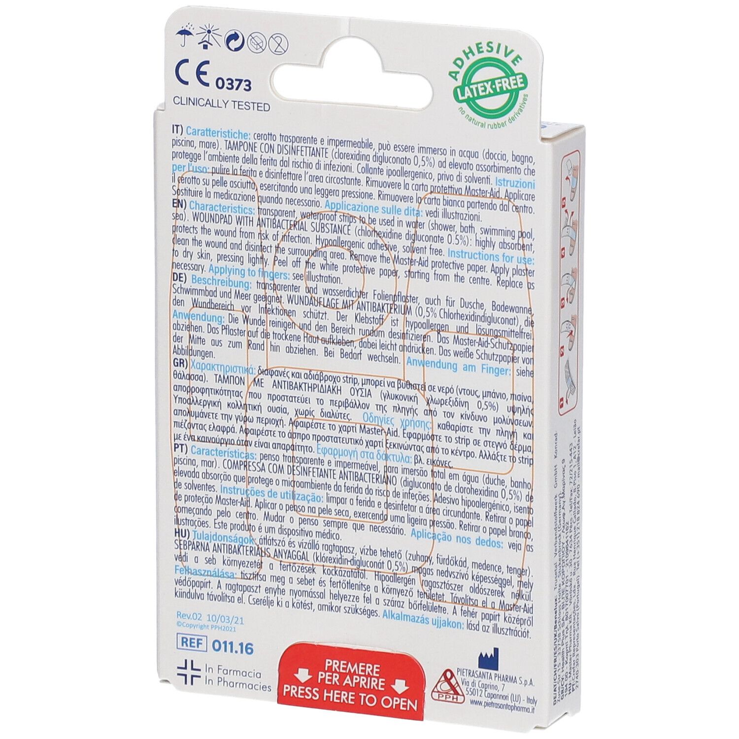 Retro della confezione di cerotti. Testo multilingue. Marchio CE, senza lattice.