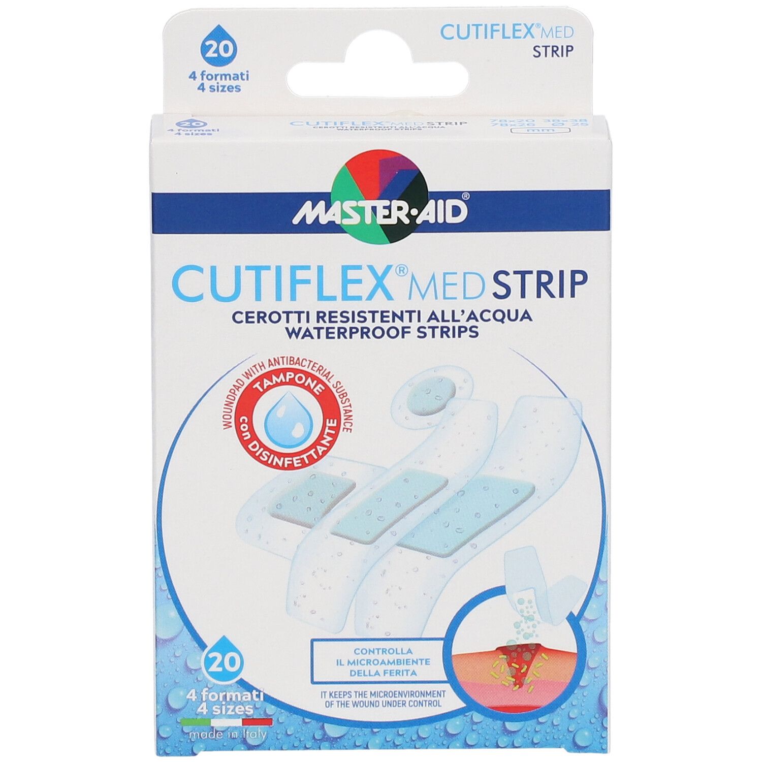Confezione di cerotti CUTIFLEX MED STRIP, MASTER-AID. 20 pezzi, 4 formati. Resistenti all'acqua.
