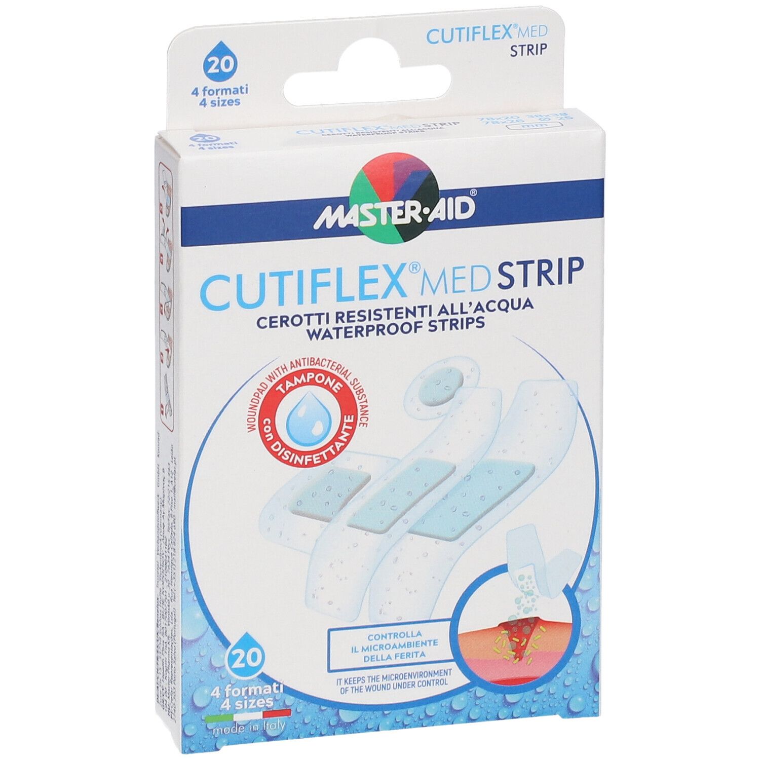 Confezione di cerotti CUTIFLEX MED STRIP, MASTER-AID. 20 pezzi, 4 formati. Resistenti all'acqua.