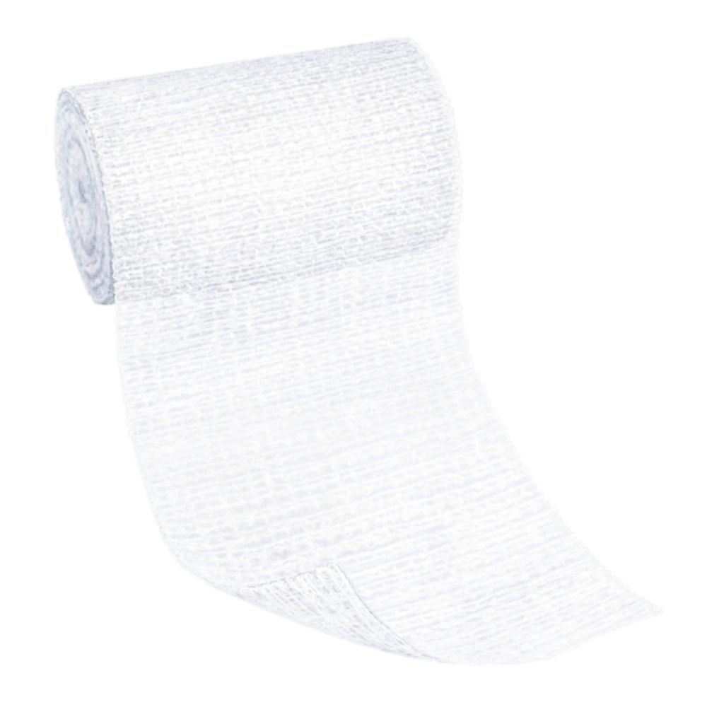 Benda elastica bianca arrotolata. Struttura tessuta, leggermente trasparente.