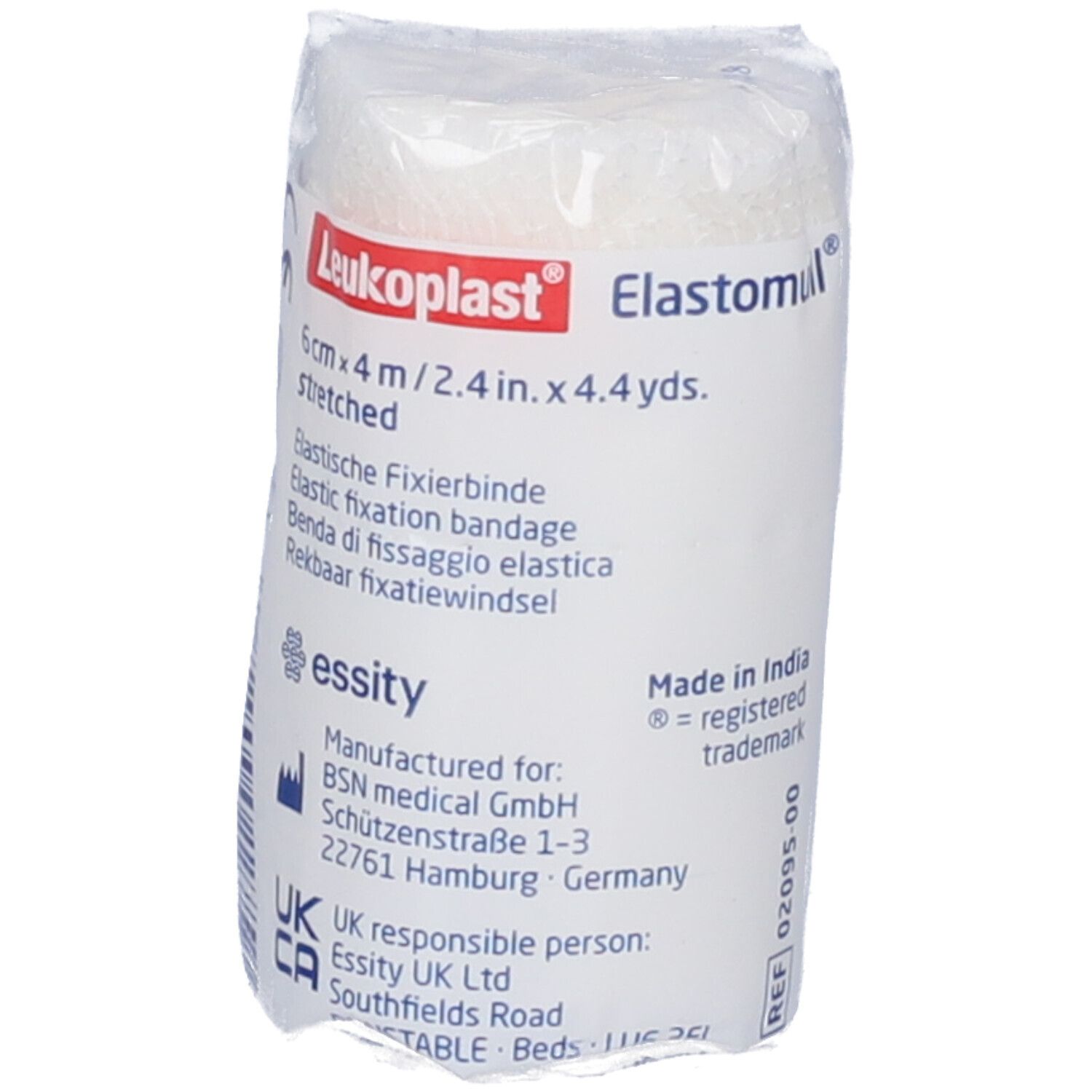 Rotolo confezionato Leukoplast Elastomull. Dimensione: 6 cm x 4 m. Testo: Benda di fissaggio elastica. Prodotto in India.