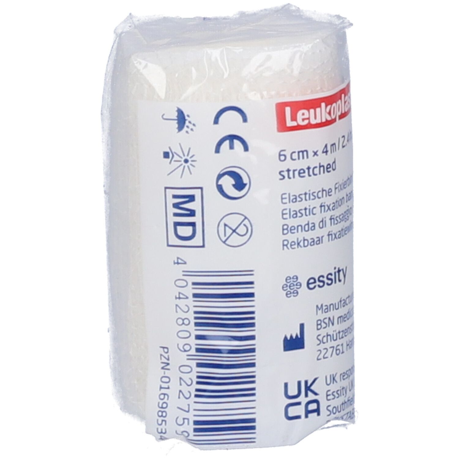 Rotolo confezionato Leukoplast Elastomull. Dimensione: 6 cm x 4 m. Testo: Benda di fissaggio elastica. Marchio MD.